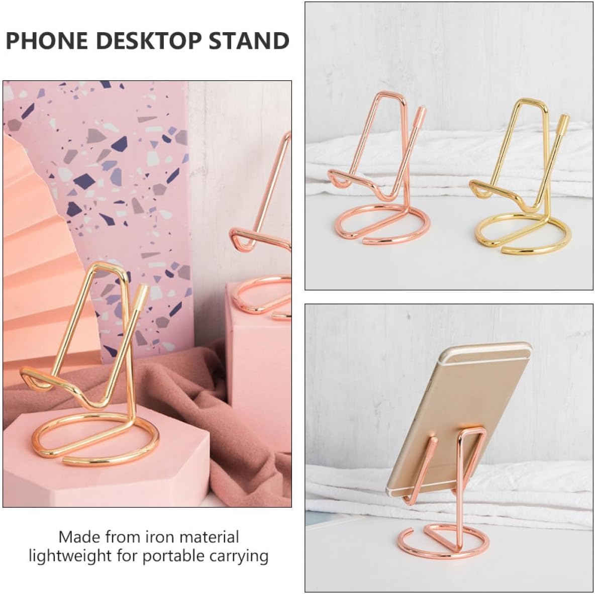 SECFOU 4pcs Iron Phone Stand Set for Desktop Use, Multi-Functional Metal Smartphone Holder Rack with Rose Gold and Gold Colors, Portable Phone Storage Brackets for Home and Office image 3