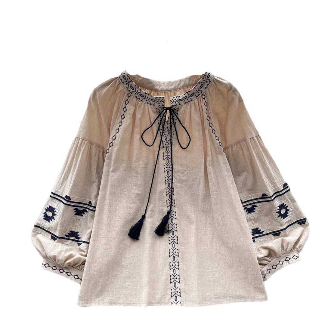 Chemisier brodé style ethnique rétro pour femme - Col rond - Manches longues
