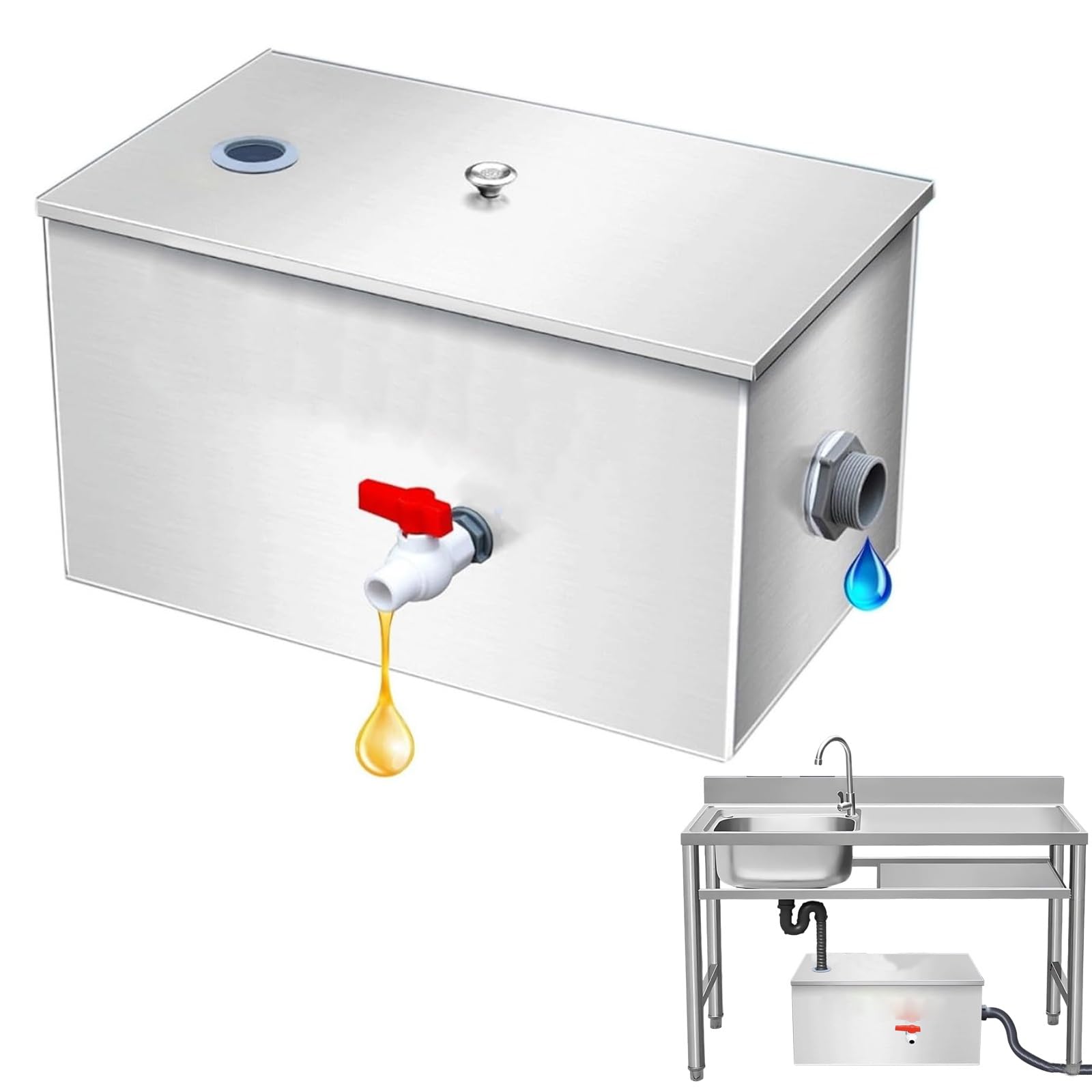 Séparateur de Graisse, Séparateur de Graisse Commercial en Acier Inoxydable, Séparateur de Graisse de Cuisine avec Panier Filtrant et Valve de Vidange d'huile, pour Évier Simple