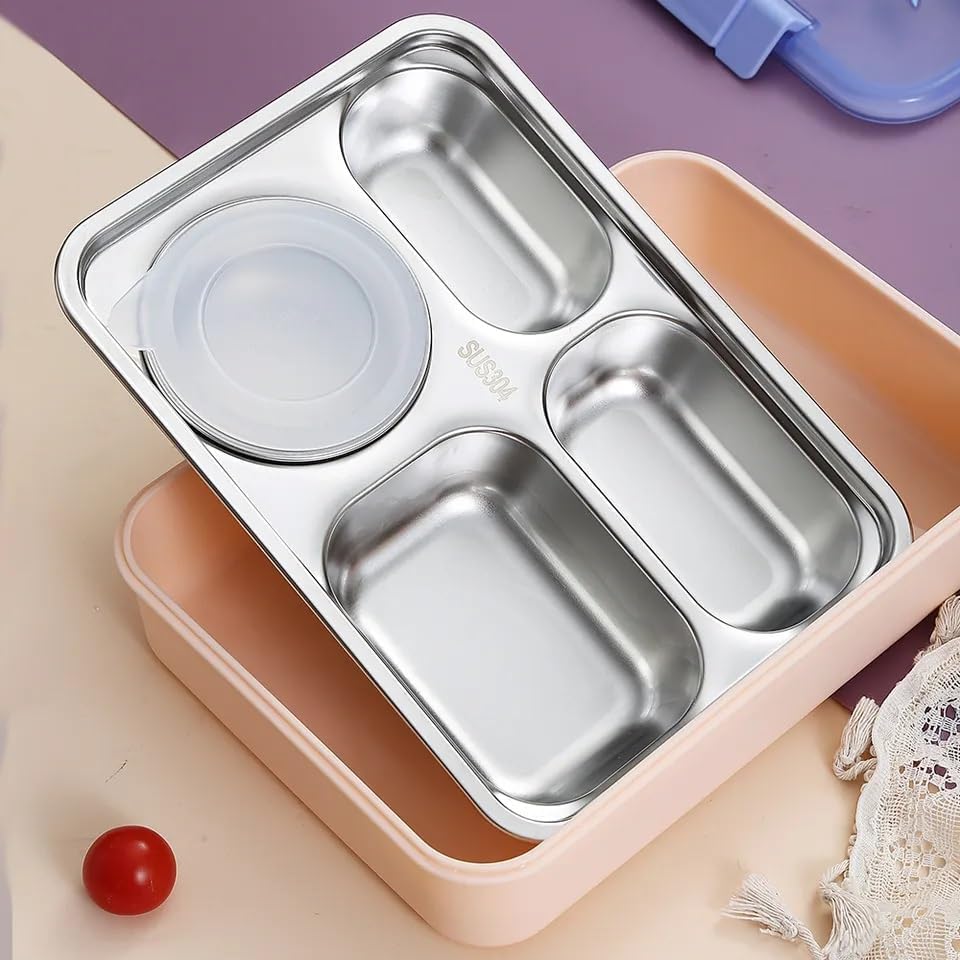 Image of Cartoon Dinosaur Stainless Steel Lunch Box, 4 Compartments with Small Bowl, Spoon and Chopsticks, Insulated Design for School, Office and Travel, Blue