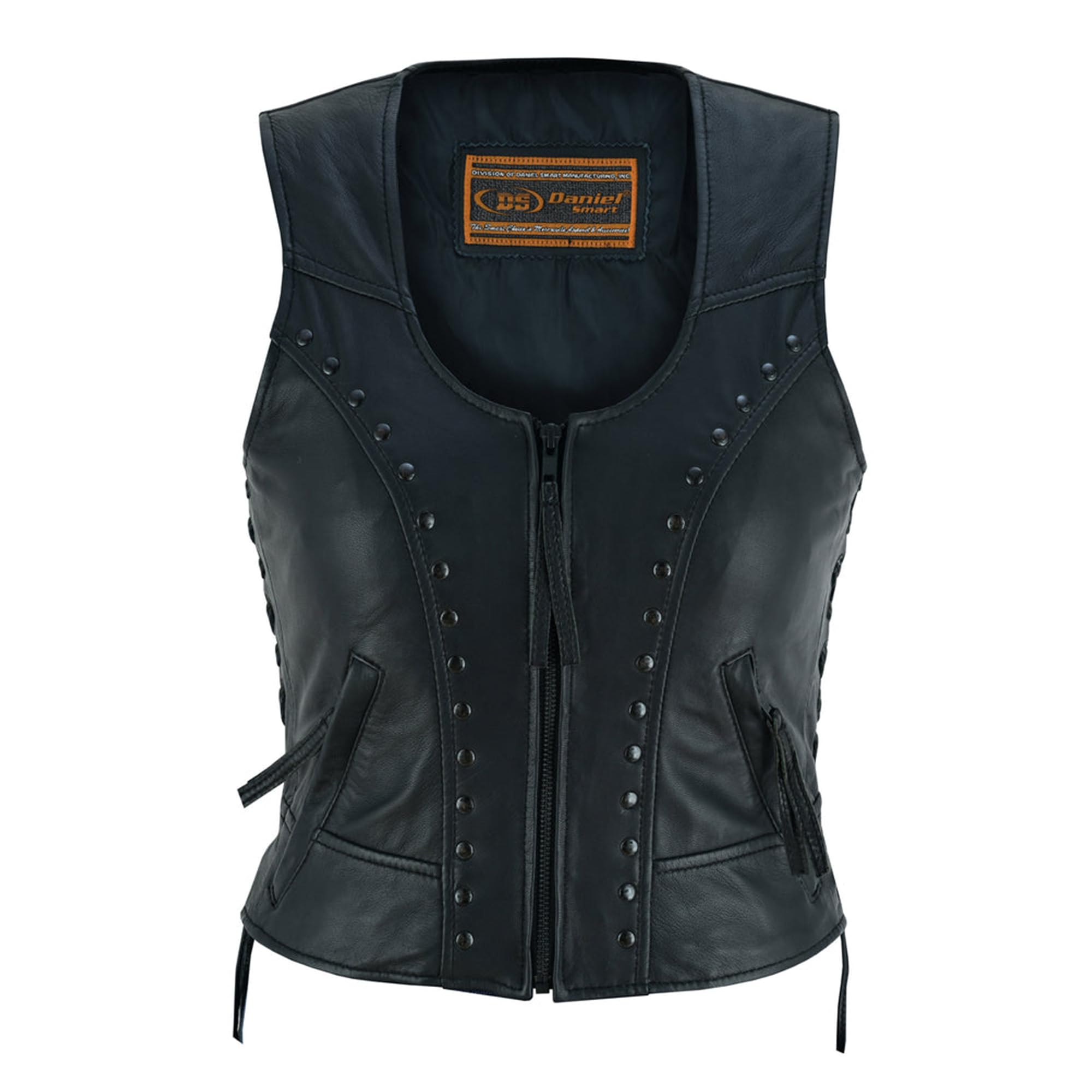 Daniel Smart Biker Vest for Women Soft Lambskin Leather Vest with Front Zipper Stylish Side Laces & Zipper Pockets Rivets Detailing X-Small