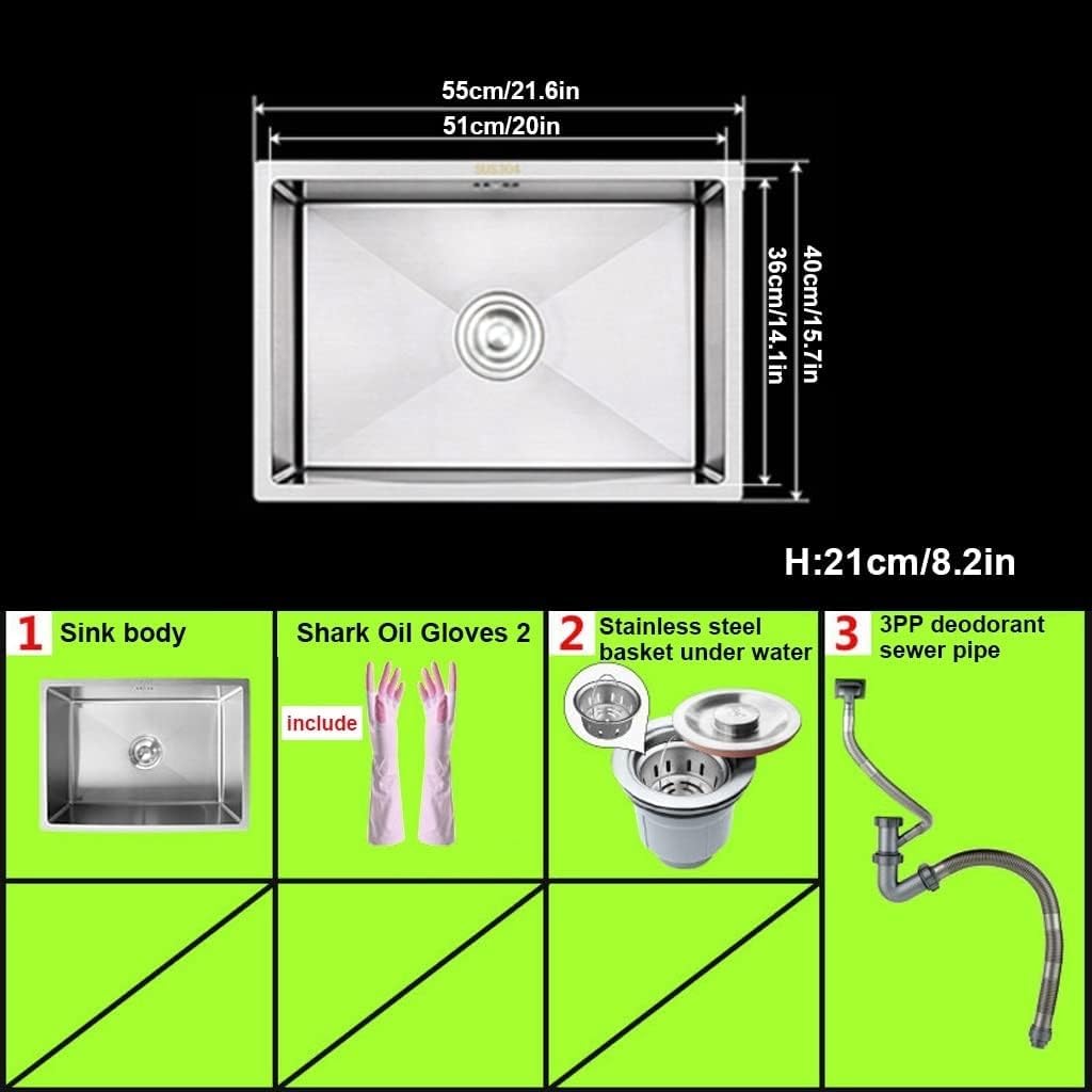 Modern Stainless Steel Kitchen Sink - Single Bowl Bar Prep Sink for Drop-in or Undermount Installation(50x40x21cm) (One Color 50x40x21cm)