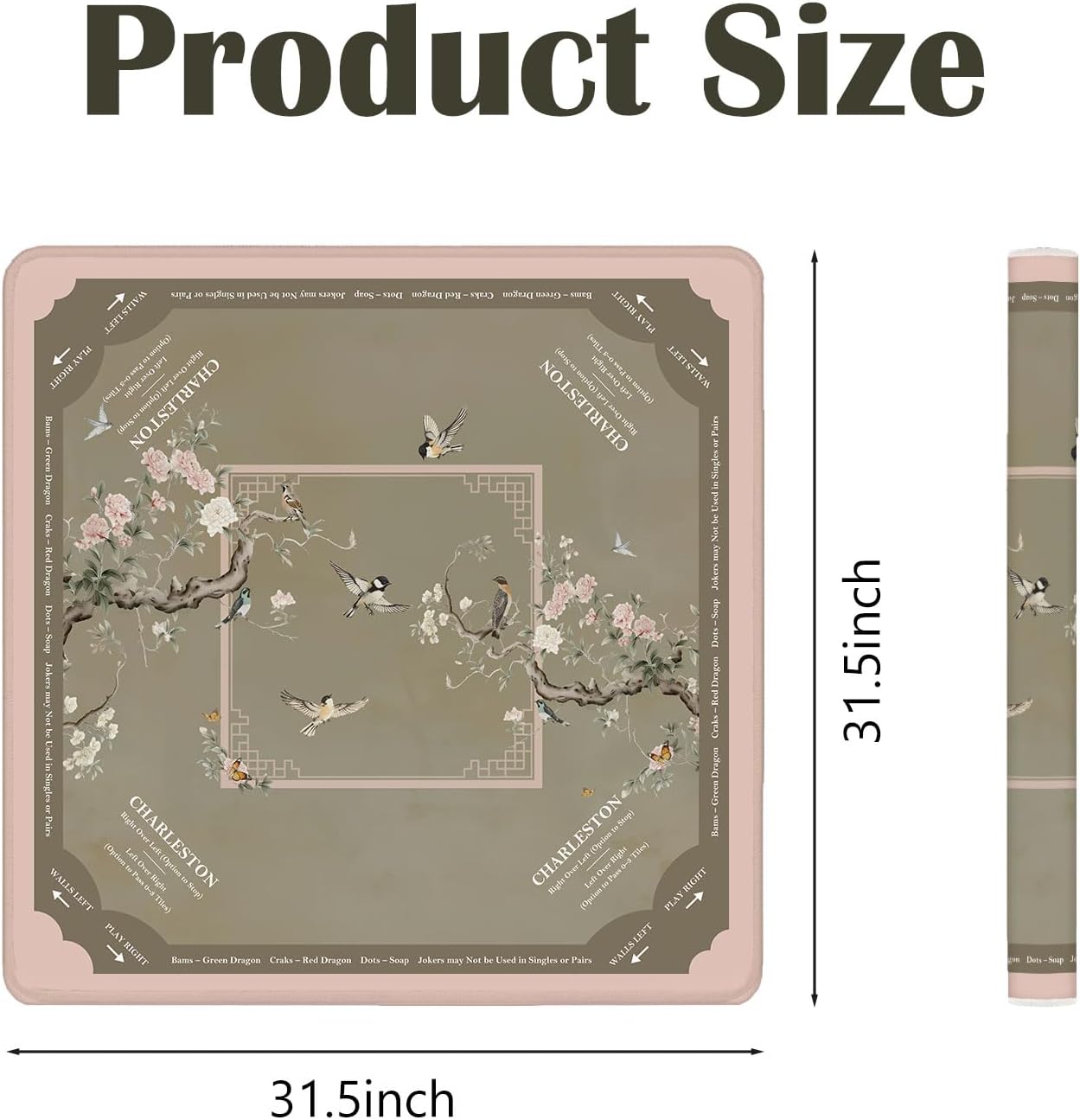 Chinoiserie Flower Bird Mahjong Mat 31.5 x 31.5 in, Pink and Brown Traditional Chinese Anti-Slip Noise-Reducing Mahjong Mat for Table Board Games Tile Games Poker and Cards