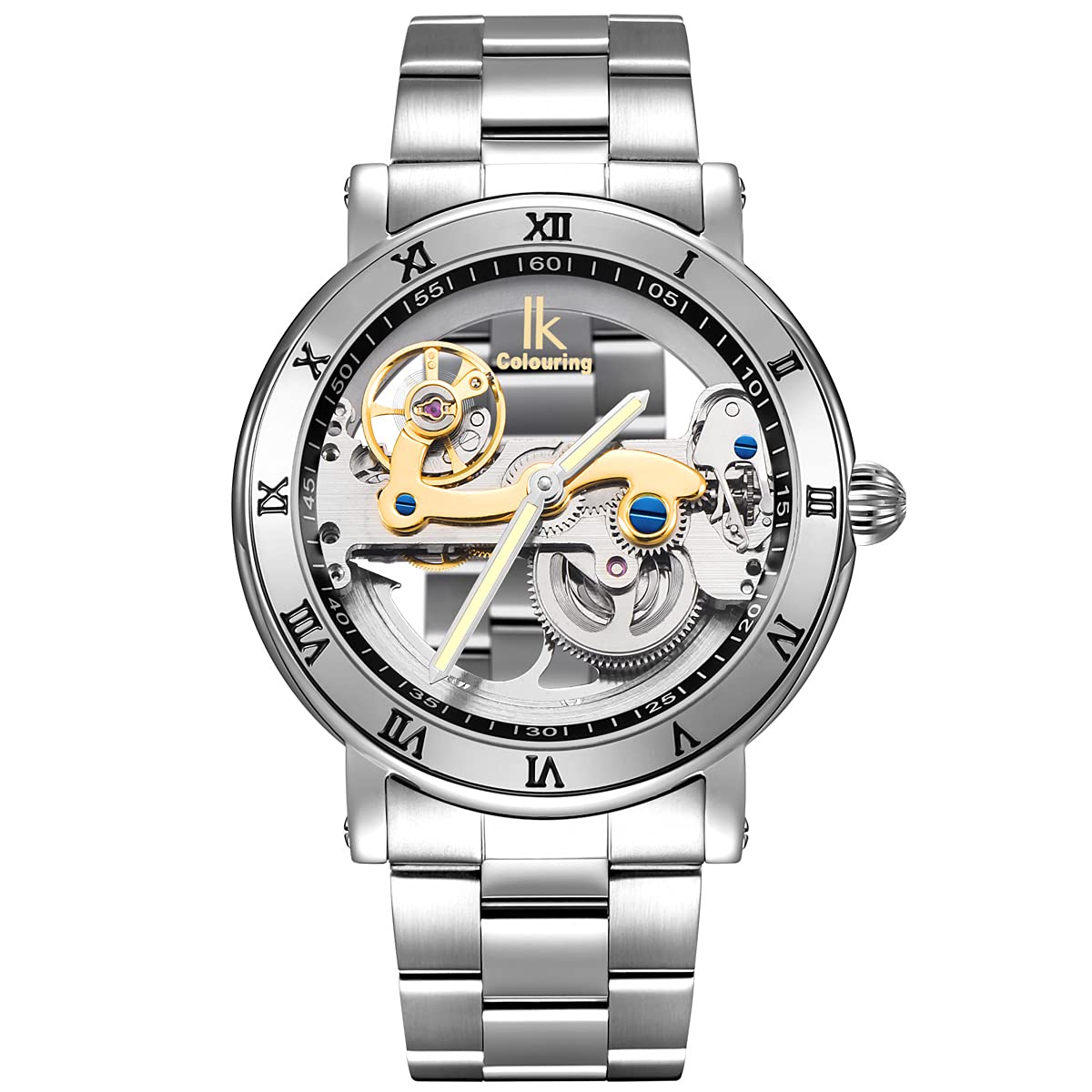 Alienwork IK Automatikuhr Armbanduhr Herren Damen Silber Edelstahl Metallarmband Skelett Glasboden