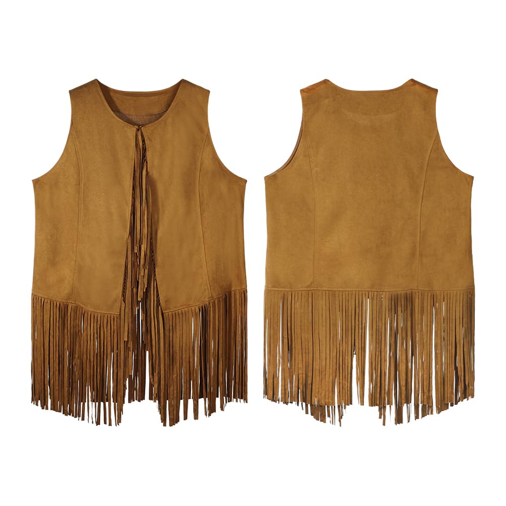 Adult Western Cowgirl Costume Outfit Women Men Cowboy Fringe Vest and Hat Set Novelty 70s 60s Hippie Fancy Dress Cowgirl Costume for Halloween Western Party Cosplay Carnival (Brown Vest+Brown Hat) - Image 2