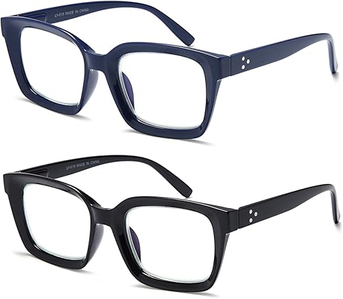Miniatura 2 de 2 pares de anteojos de lectura de gran tamaño para mujeres y hombres, lentes de lectura cuadrados con bloqueo de luz azul grande para mujeres con
