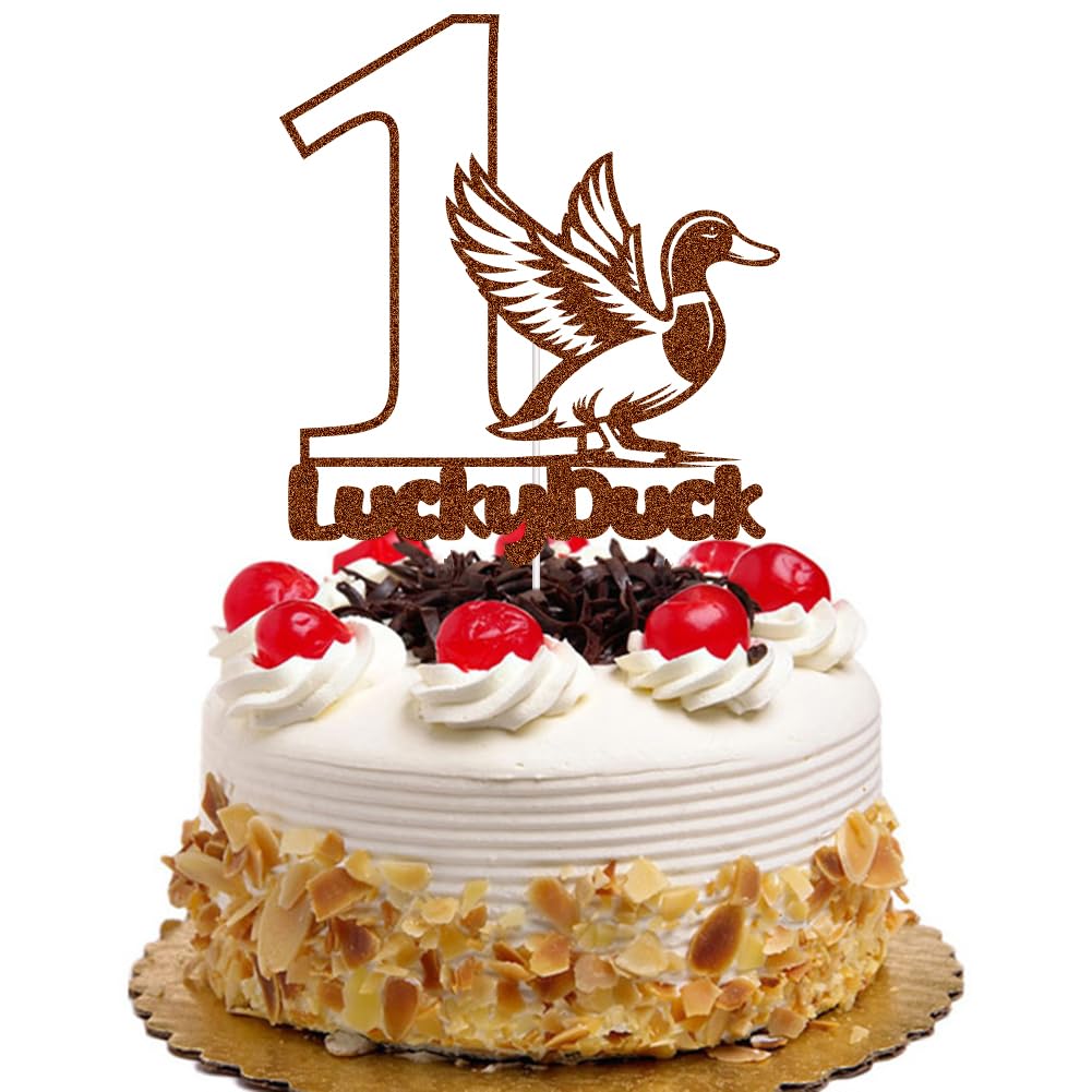 QXQXBA One Lucky Duck Cake Topper Duck Hucnting Birthday Decoration Mallard Duck Cake Decor 1 Year Old Party for Baby Brown Glitter