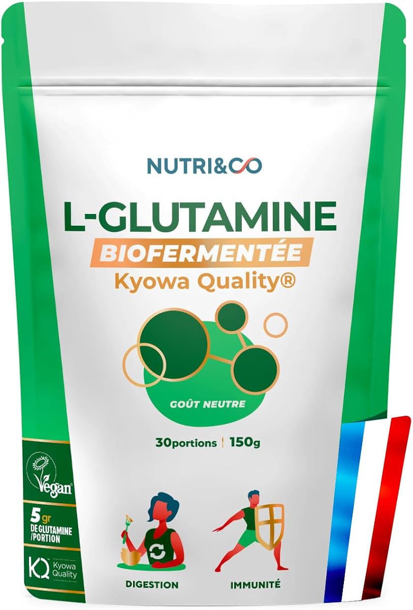 NUTRI & CO L-Glutamine en poudre Bio-fermentée - Végétale & 100% pure, 5000mg - Acide Aminé Musculation & Récupération - 150g Goût Neutre - Vegan - Fabriqué en France