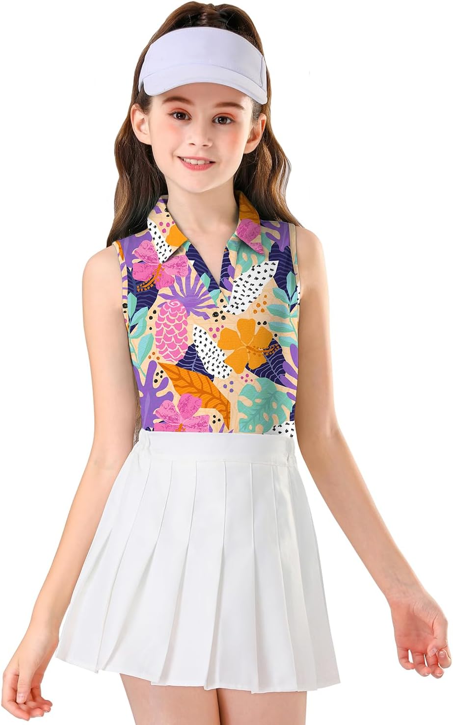 Soneven Girls Sleeveless Polo Shirts Button UP Golf Tennis T-Shirts with Collared Quick Dry Tank Tops for 4-14 Years