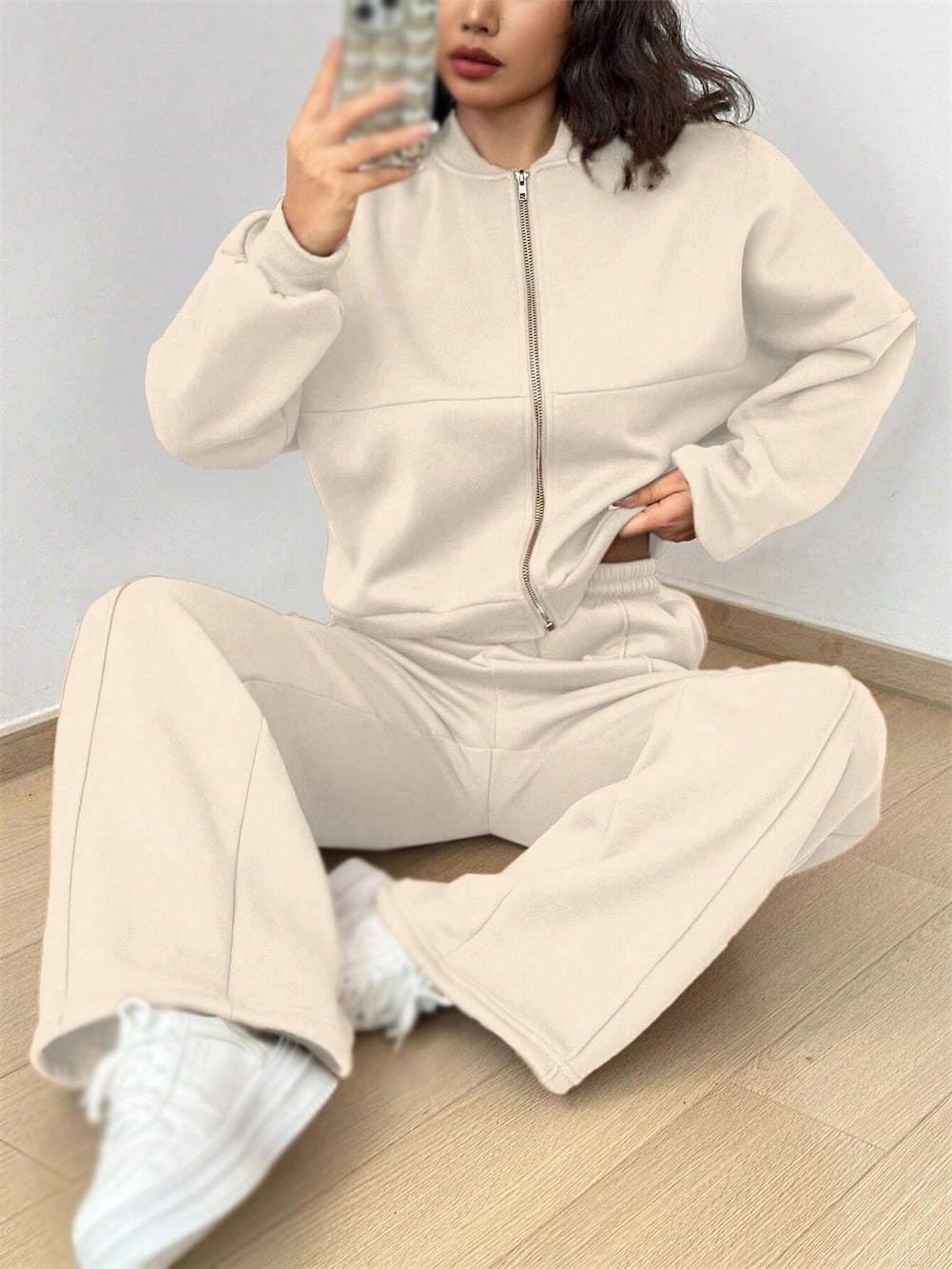 Set di pantaloni da jogging con giacca a maniche lunghe con cerniera intera, da donna, 2 pezzi, set da salotto, pantaloni della tuta da jogging