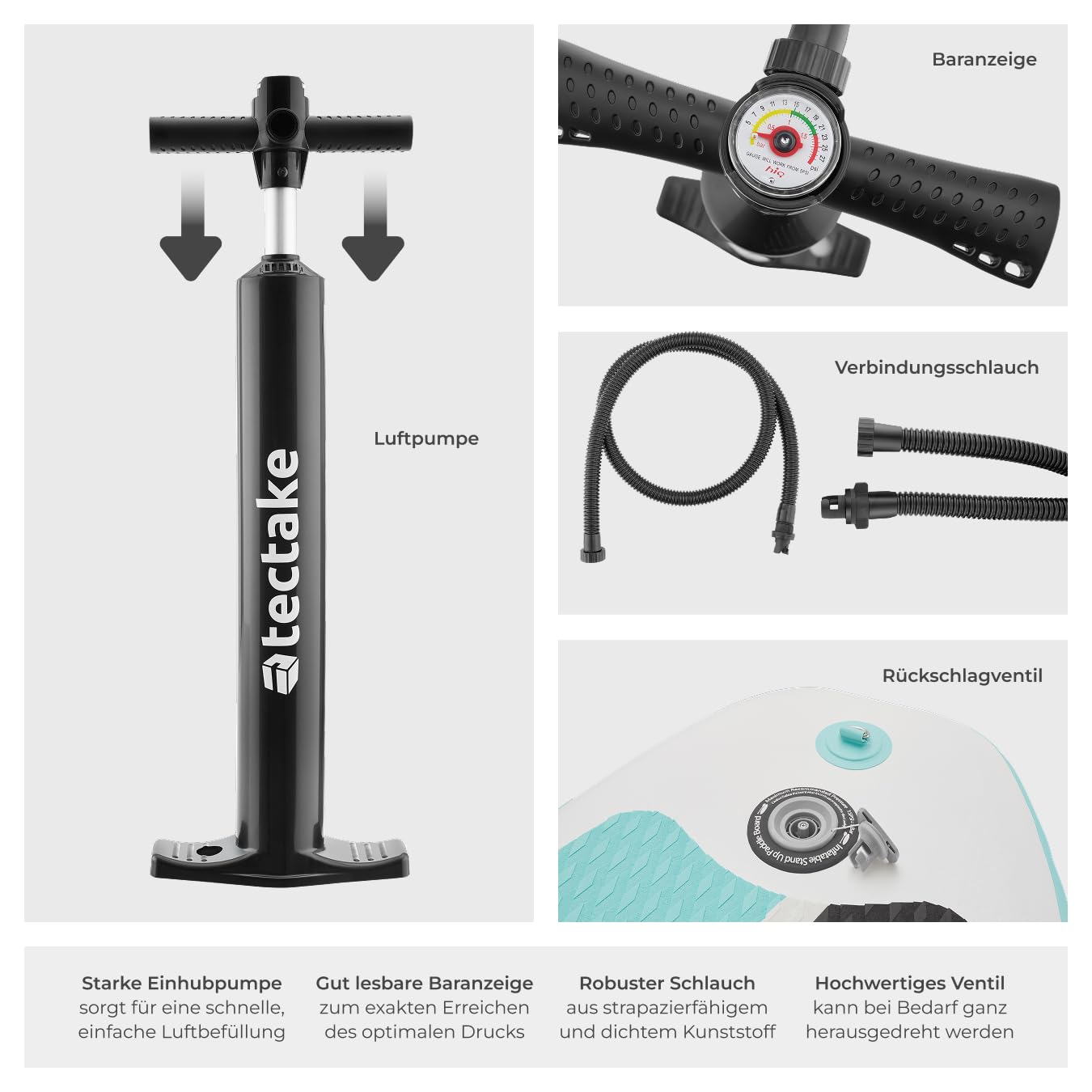 tectake® Stand Up Paddle Board, SUP aufblasbar, Standup, SUB mit Pumpe, Kajak Boot Sitz, Finnen, Rucksack, Doppelpaddel, Paddel, für Wassersport und Paddling, bis 200 kg belastbar - weiß/türkis