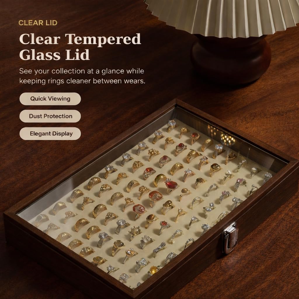100-Slot Ring Organizer Box, Wooden Jewelry Display Case with Clear Lid, Walnut-Grain Finish & Ivory Velvet Interior, Elegant Ring Storage Holder for Dresser, Vanity, Boutique Display