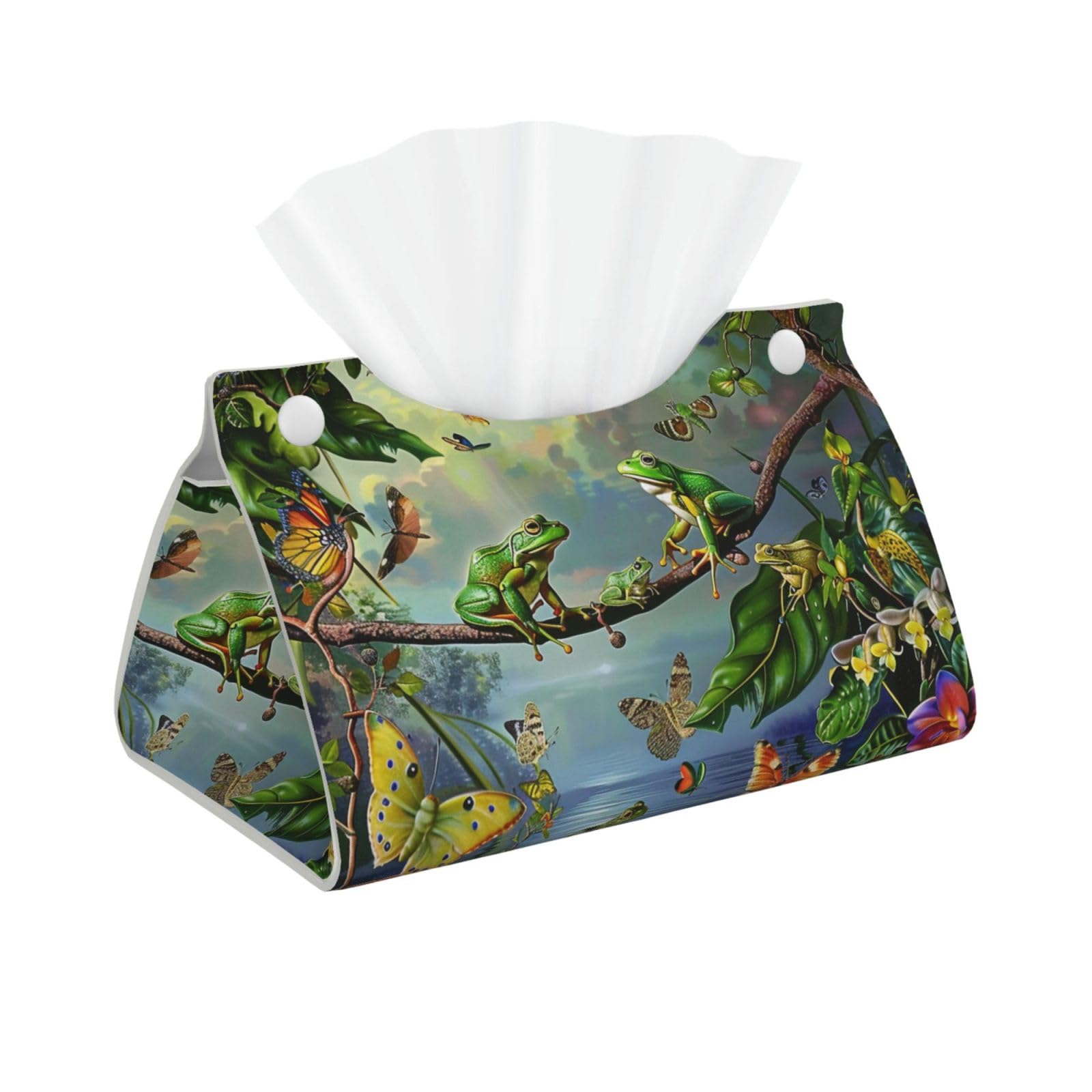 Many Frogs Sing on The Branches Summer Butterflies Print Tissue Box Cover Foldable Tissue Storage Box Leather Tissue Cube Box Holder for Living Room Bedroom Office Car Home Decor