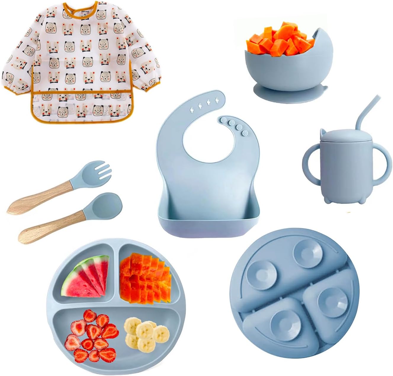 2025 Silicone Baby Feeding Set - All in One: Spoon, Fork, Suction Bowl, Divided Suction Plate, Sippy Cup, Silicone Bib and Travel Bib -6 + Month, Toddler & Baby silicone feeding set - BPA free, Blue