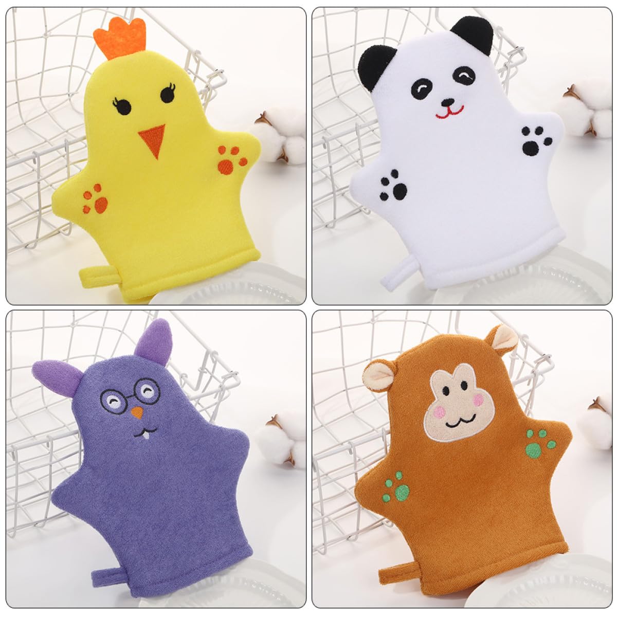 MAGICLULU Guantes de Baño Espumosos para, 4 Piezas Formas de Animales, Manoplas Exfoliantes para Ducha, Cuidado de Piel Infantil