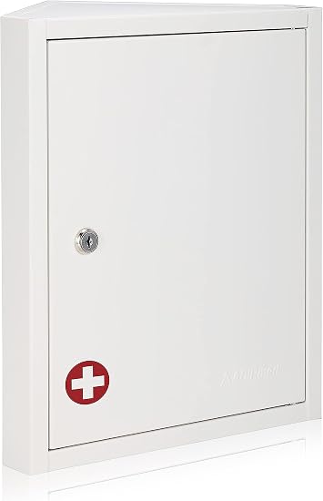 AdirMed Medicine Lock Box for Medication & First Aid Cabinet with 3 Shelves/Installation Hardware, Wall Mounted Locking Medicine, Prescription, Pill Safe for Home, School, Office Steel - White