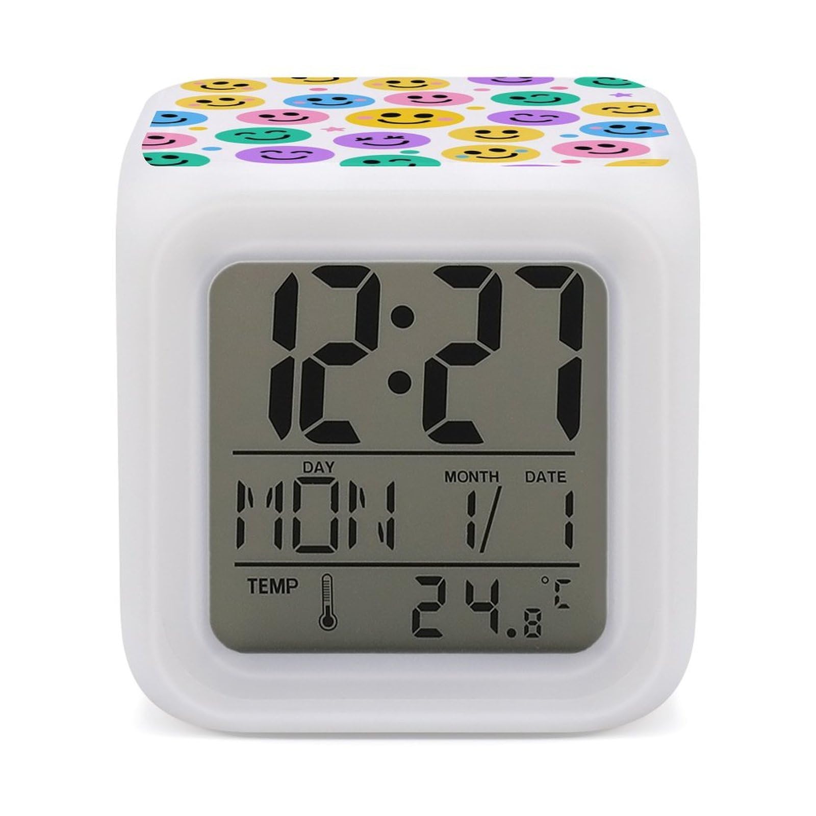 7 Color Ambient Night Light Cube Battery Operated Color Smiley Face Digital Clock with Snooze Temperature LED Digital Alarm Clocks Dimmable Wake Up Light Portable Mood Lamp for Bedroom Desk Gift