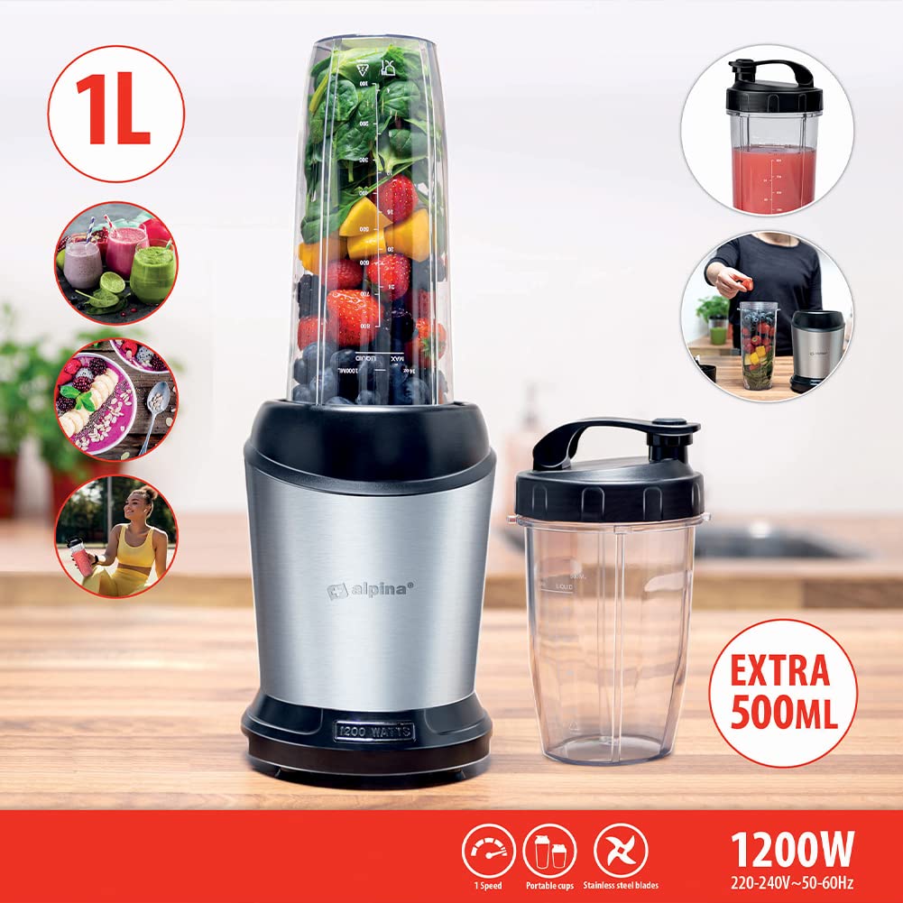 BAKAJI Frullatore in Acciaio Inossidabile Smoothie Blender con Caraffa da Asporto da 1 Litro, 1200W Potenza, Ideale per Pappe, Frullati, Salse, 220-240 V, 1 Velocità, Dimensioni ‎14.5 x 14.5 x 40.5 cm