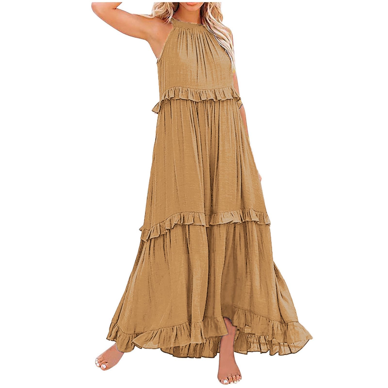 Robe longue d'été sans manches chic maxi robe fluide décontractée à volants - 8