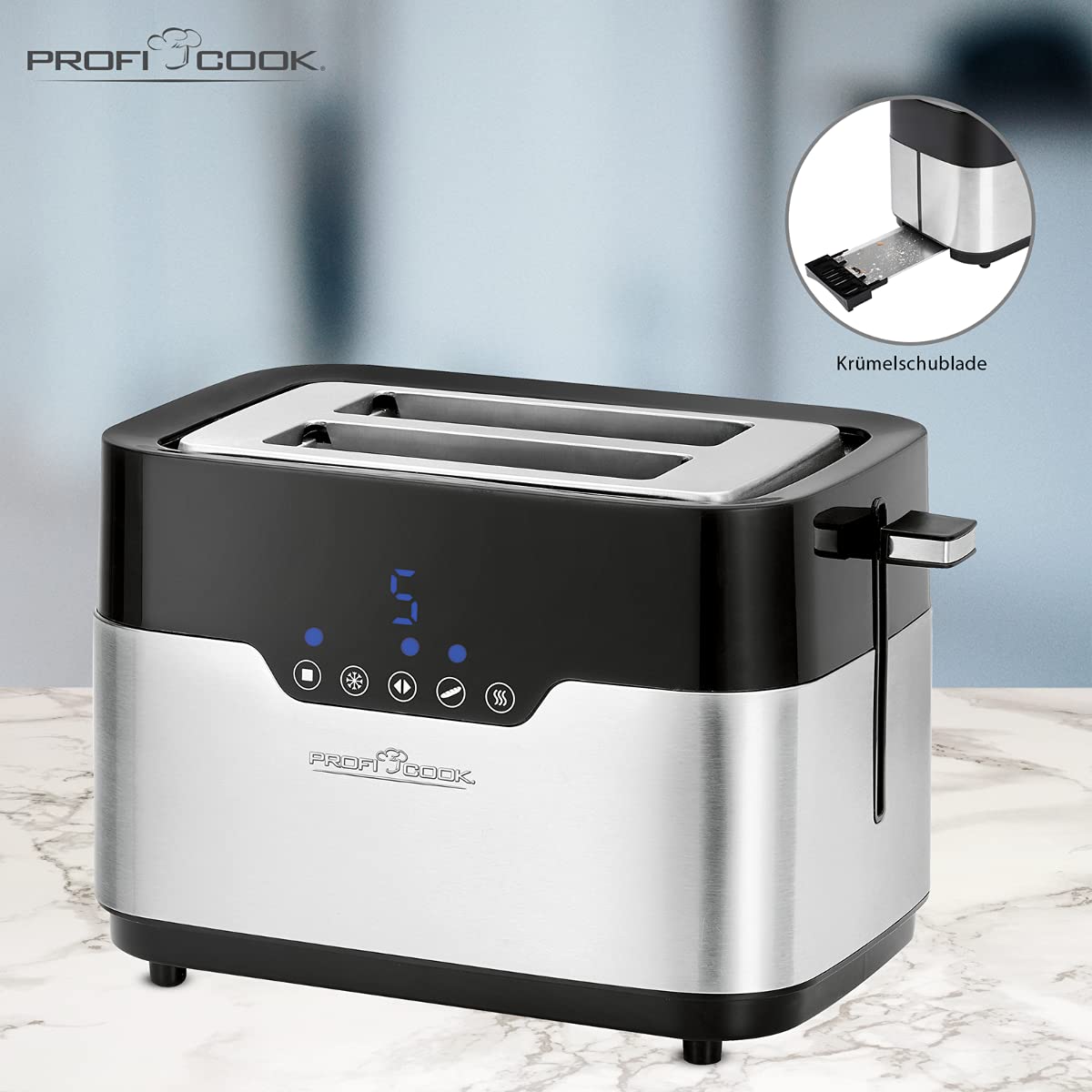 ProfiCook PC-TA 1170 Tostapane a 2 dischi, Sensor Touch, portapane, cassetto delle briciole, funzione di centraggio, spazio salvaspazio, 7 livelli di abbronzatura, acciaio inox nero