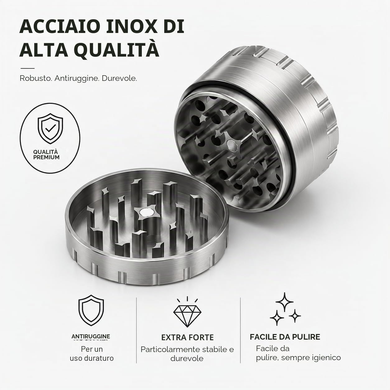 Grinder Premium - Macinino per erbe aromatiche in acciaio inox, 4 pezzi, Ø 63 mm, con custodia protettiva con chiusura lampo, raschietto per polline, pennello e boccaglio