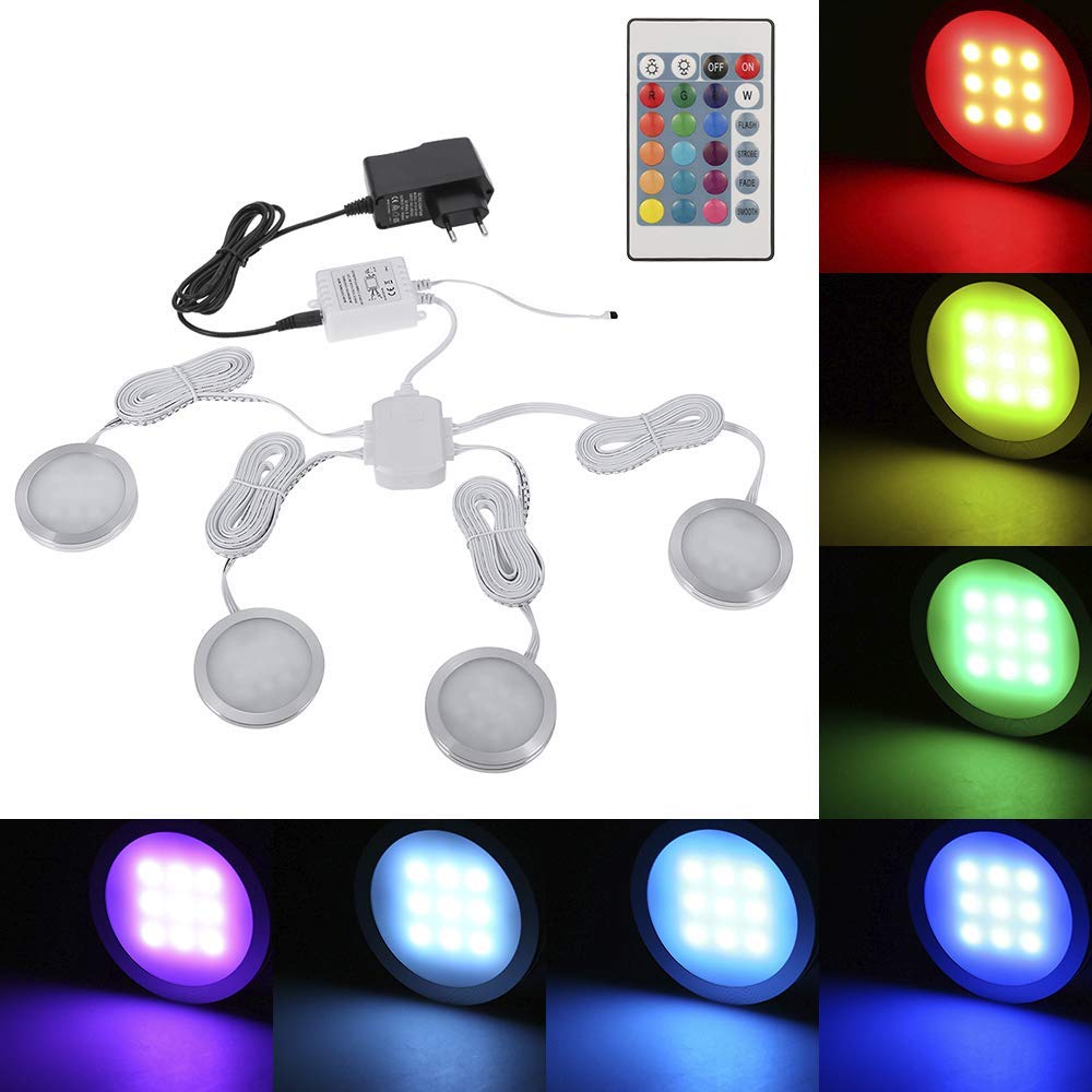 Lixada 4PCS Slim Round Shape RGB LED in Armadio Luce Kit SMD5050 Puck Lampada con Telecomando per Cucina Soggiorno