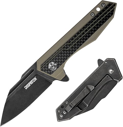 Dispatch Navaja de bolsillo plegable de acero inoxidable 8Cr, con mango G10, hoja de óxido negro y práctico clip de bolsillo para exteriores,