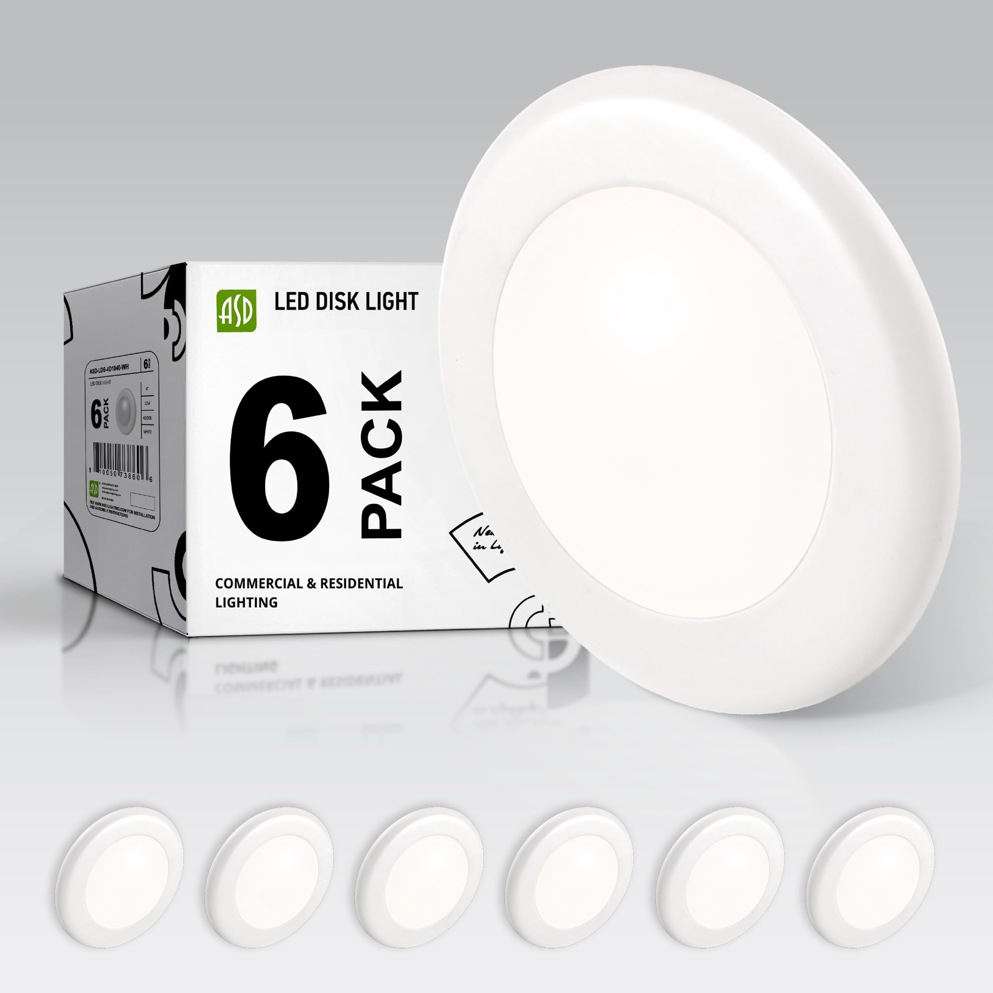 ASD 6 Pack LED Disk Lights 4 Inch, 10W 4000K Cool White 650LM CRI90+, Dimmable Flush Mount Ceiling Light Fixture, Low Profile Surface Mount Disc,