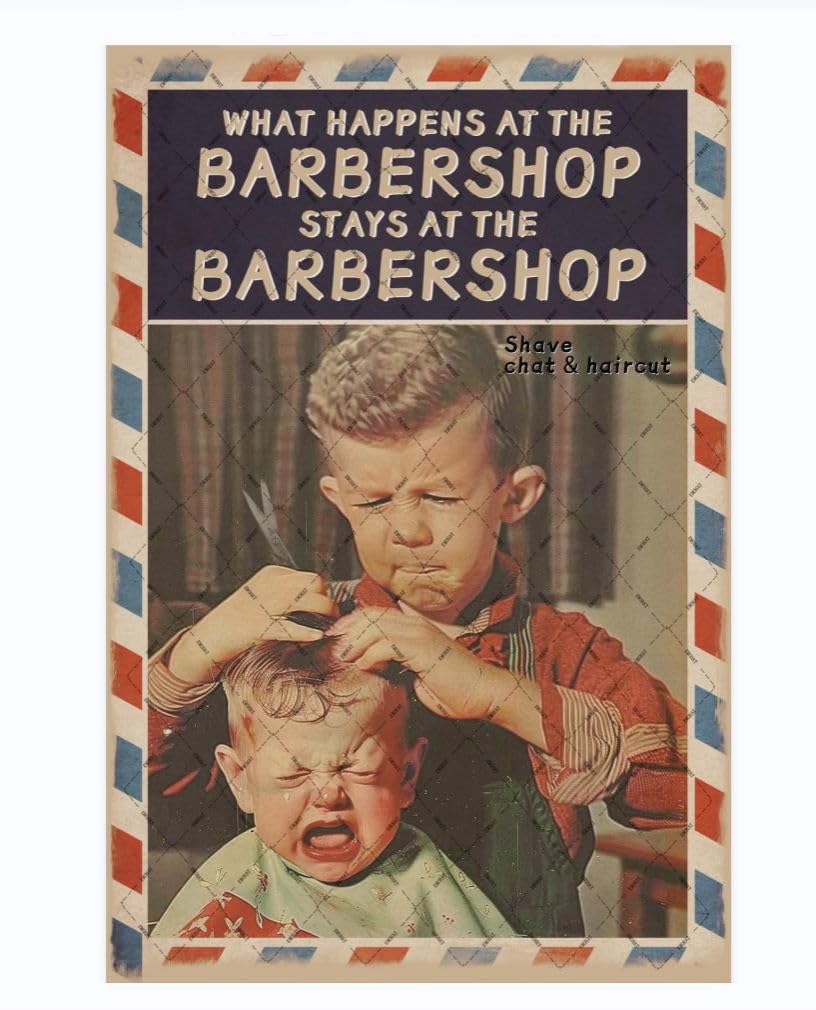 EMOHAT Barbershop Metal Tin Signs What Happens At The Barbershop Stays At The Barbershop Barber Sign Wall Decor Vintage Decoration Poster Plaque Haircut Funny Wall Art Retro Decor 12x8 Inches
