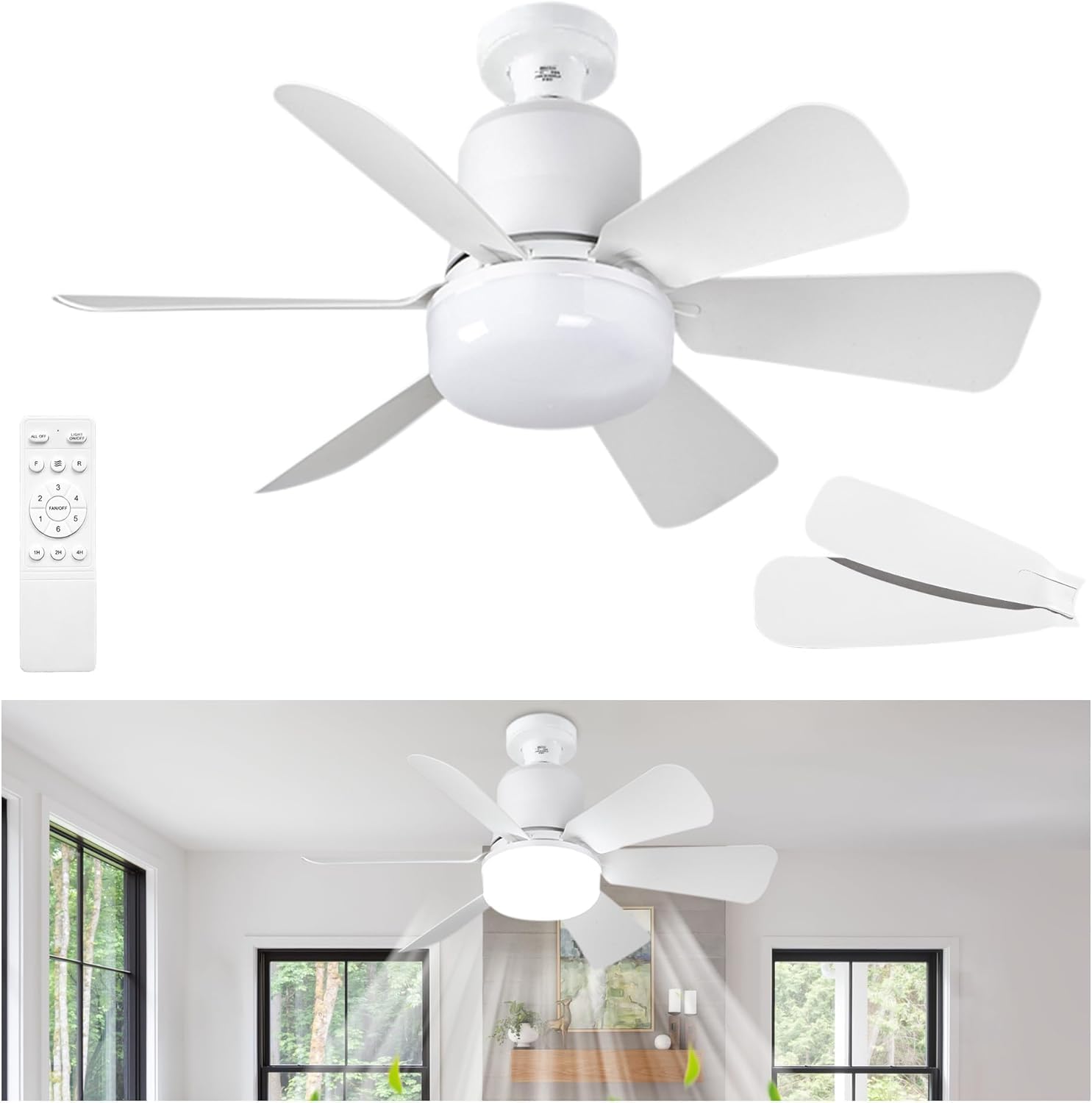 LYMSXAZOU 1-Light Ceiling Fan with Light White Fandelier 6 Blades and Remote Chandelier Modern Low Profile Speeds for Bedroom Living