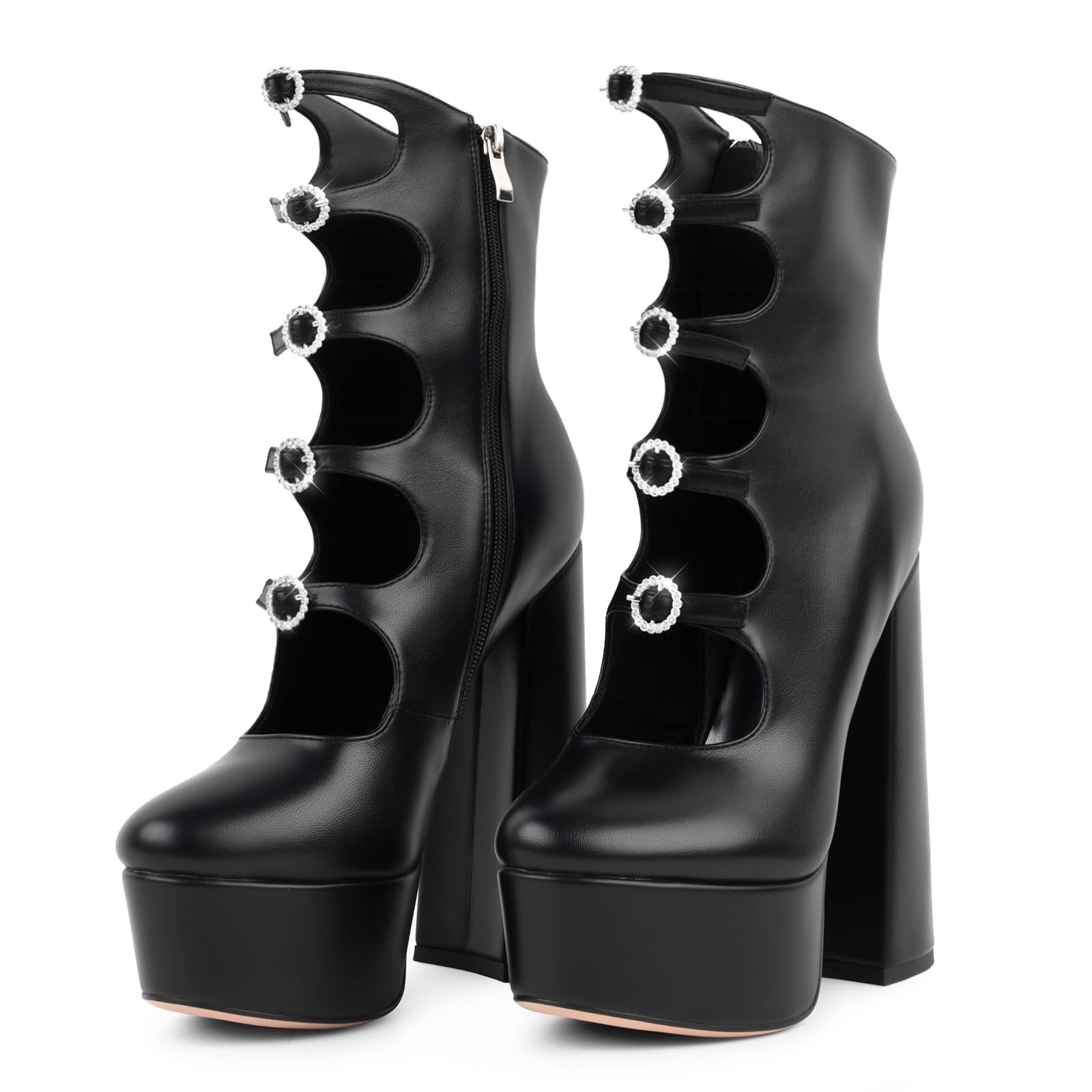 FancyQueen Platform Boots for Women, Chunky Platform Heels Goth Boots, Side Zipper Block Heels: 7 Black Pu