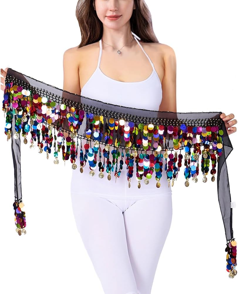 Belly Dance Hip Scarf Coins Plus Size Fringe Skirt, Sequin Fringe Skirt Belly Dancer Costumes for Women
