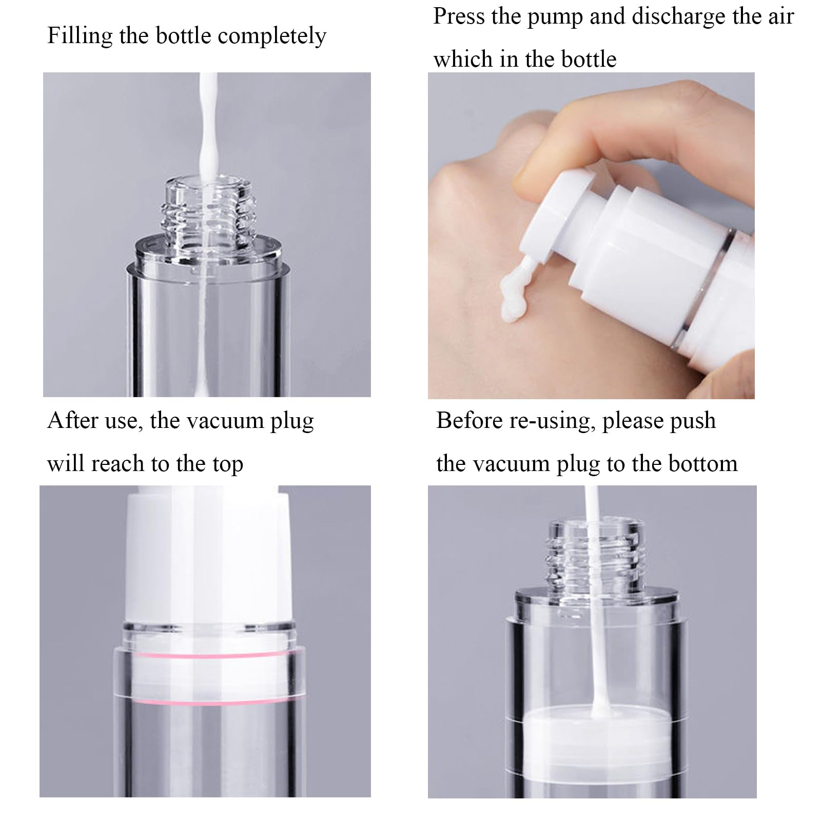 Qeuly - 3 x 28 ml luftlose Pumpflaschen in Reisegröße, Lotionsflasche, Lotionbehälter, nachfüllbarer Kosmetikspender für Foundation, Feuchtigkeitscreme, Shampoo und Gegenstände