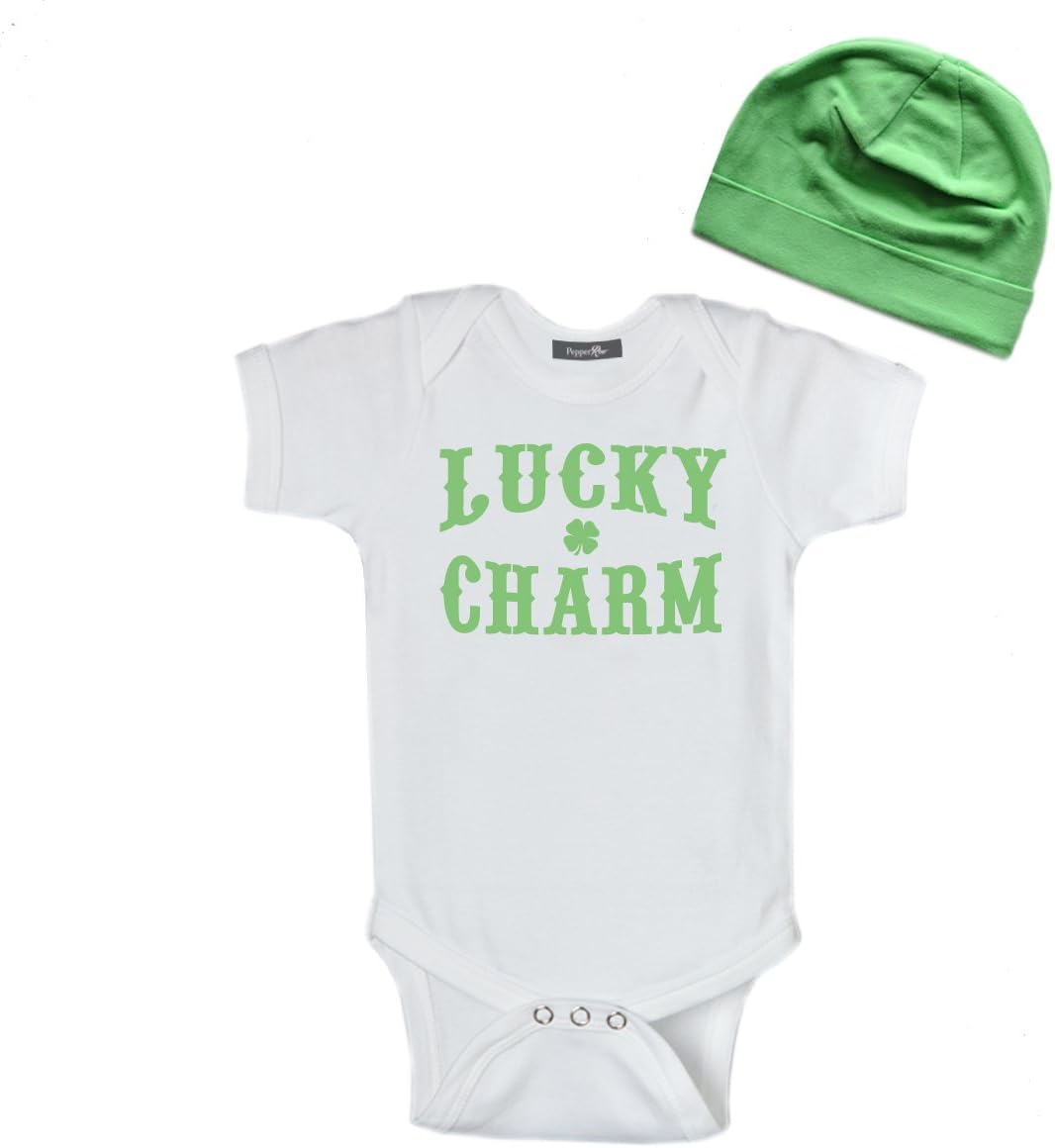 PepperRoo FUNNY "LUCKY CHARM" Infant Bodysuit/Onesie & Beanie (0-6 Months)