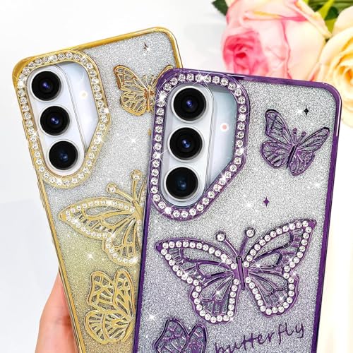Image of Elzzi Electroplated Butterfly Phone Cover for Samsung S26 Plus Case, Showcasing Pearlescent Diamond Soft TPU, Camera Protection, Shockproof, Dropresistant Stylish for Girls & Women (Deep Purple)