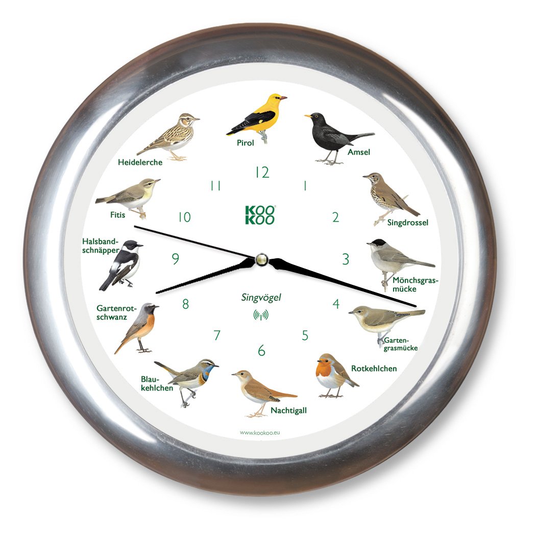 KOOKOO Singvögel Chrom, Die Singende Vogeluhr, mit 12 heimischen Singvögeln und echten, natürlichen Vogelstimmen, mit RC Funkquarzwerk