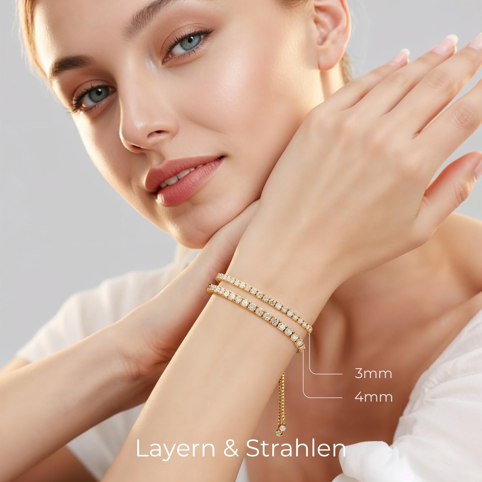 LOVE&LOVE Moissanit Tennisarmband Damen 925 Silber | 3mm/4mm D-Farbe VVS1 Rundschliff, Rhodiniert/18K vergoldet, verstellbar, Zertifikatskarte, Geschenk Frau
