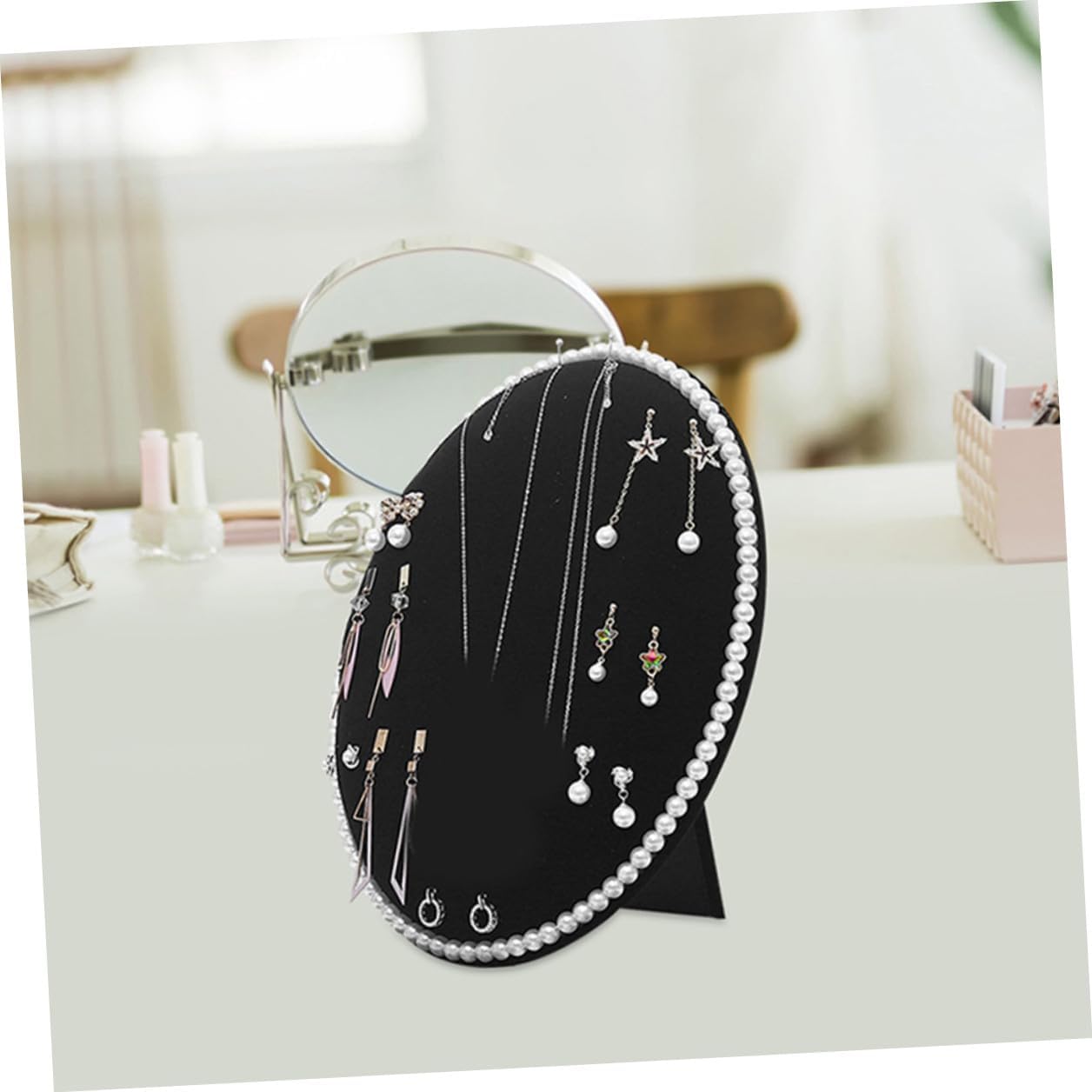 SUPVOX Large Black Velvet Earring Display Rack with Oval Pearl Board, Wall-mounted Jewelry Organizer for Ear Studs and Necklaces, Jewelry Holder for Home Storage and Display