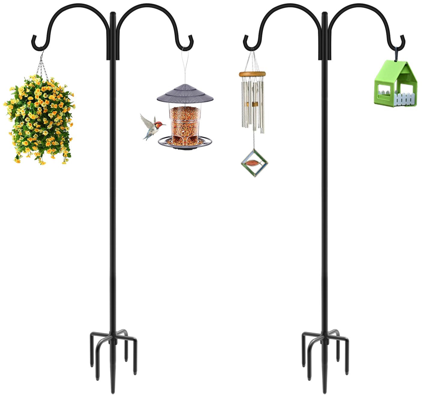 Artibear Double Shepherd Hooks for Outdoor, 60" Heavy Duty Bird Feeder Hangers Garden Hooks with 5-Prong Base, Outside Hanging Pole for Plant Baskets, Solar Light Lanterns, Wind Chimes, 2 Pack