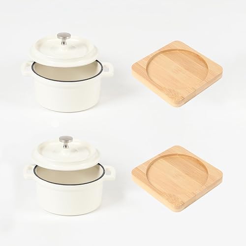 Miniatura 8 de Juego de mini cocotte redondo de hierro fundido esmaltado, mini hornos holandeses de 0.3 cuartos de galón con tapas y bandejas de bambú, 9.1 fl