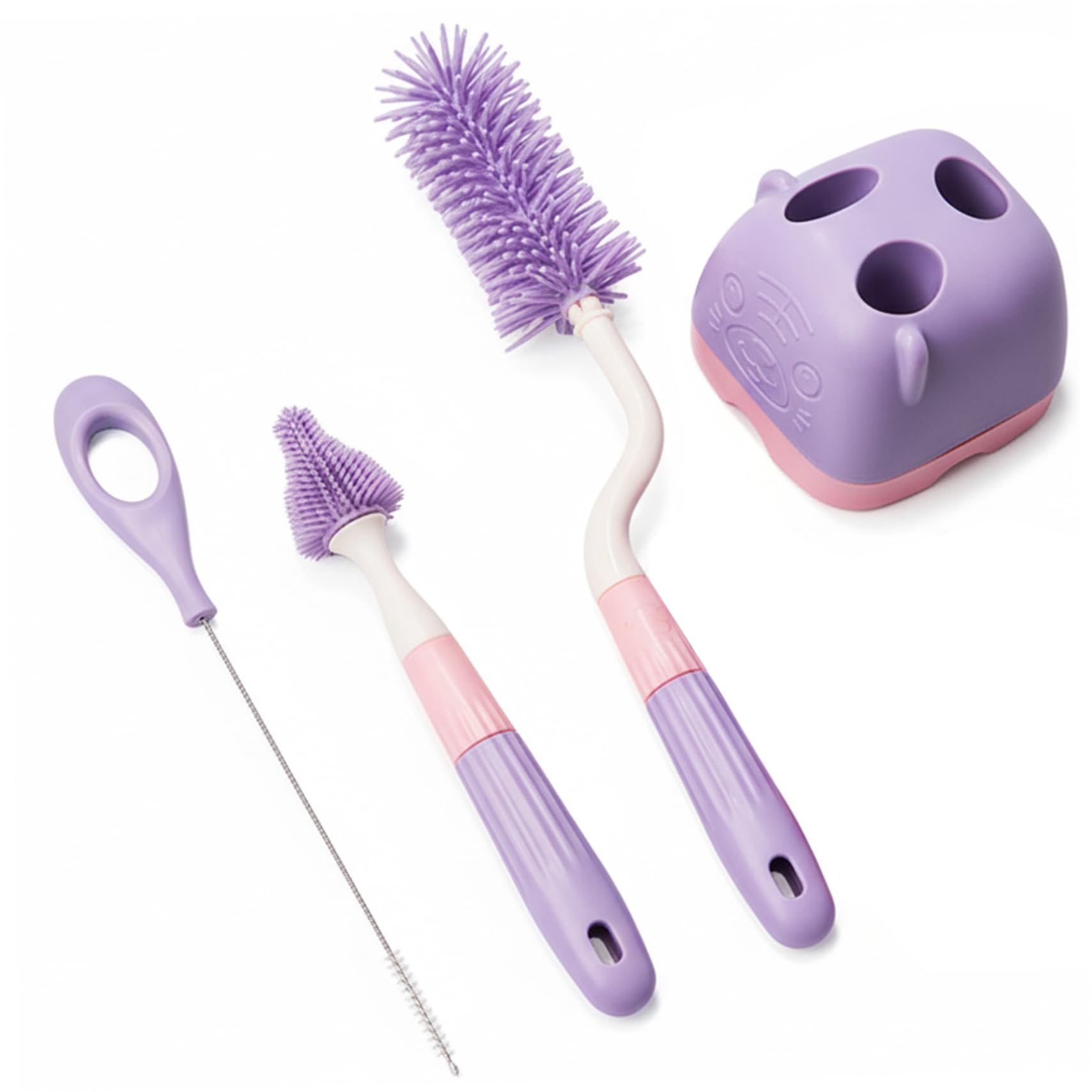 Bottle Brushes, Baby Bottle Brush Set with Stand - 3-Piece Silicone Brush Kit for Bottles, Nipples, Straws | Purple