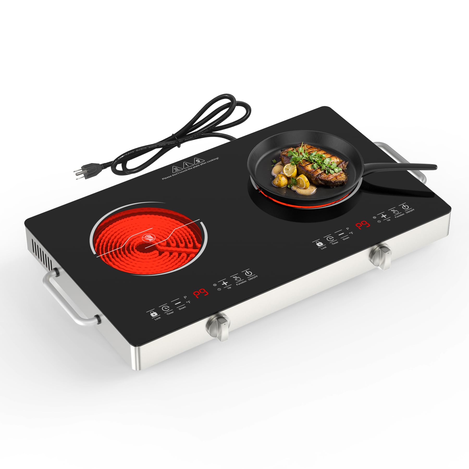 GIHETKUT Electric Cooktop,110V 2400W Stove top, Countertop Cooktop with 9 Power Levels, Child Safety Lock, Timer,Knob and Touch Control 2 burner Electric cooktop LED Display