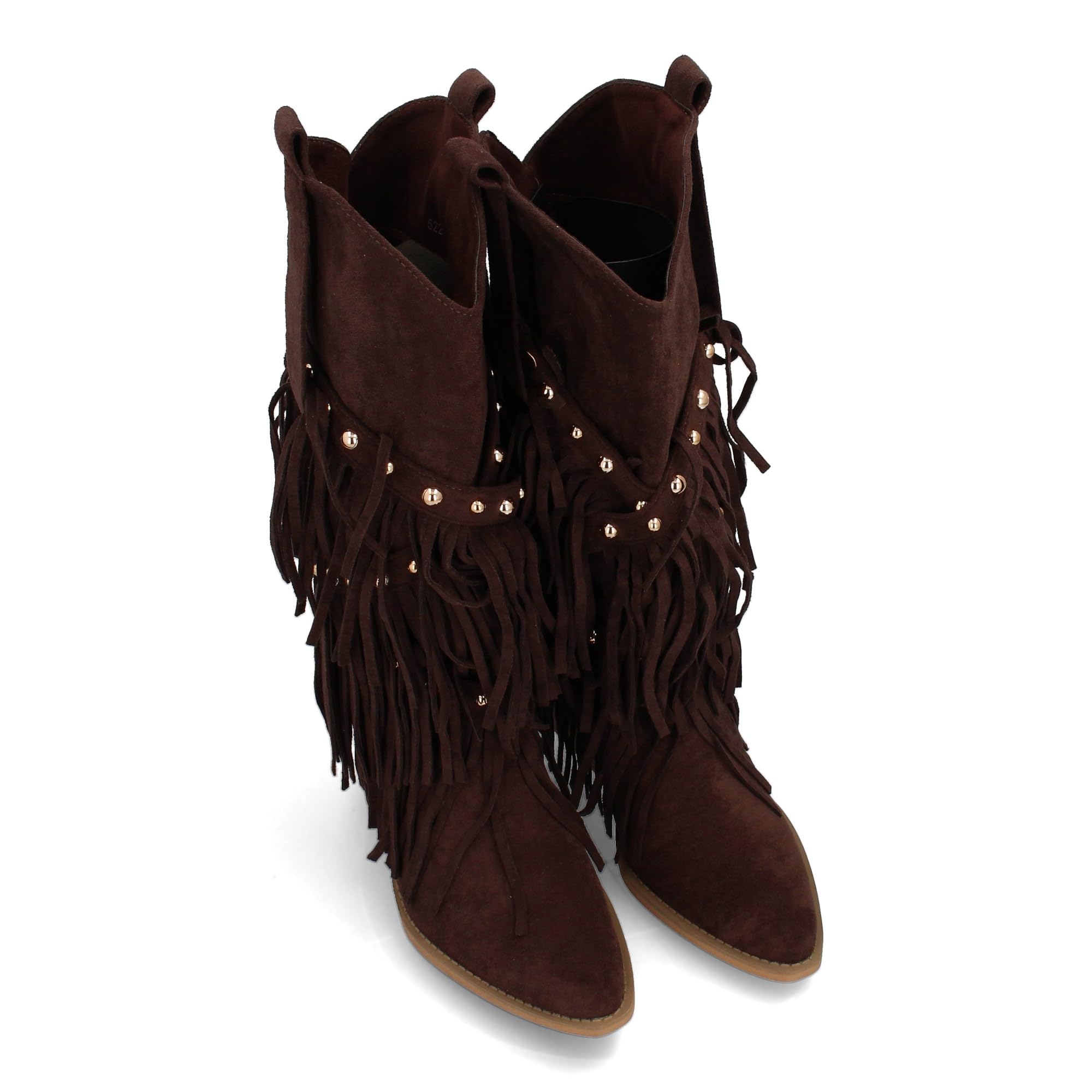 Bota de Estilo Western con Cana Alta Decorada con Flecos en Cascada y Tachuelas metalicas, Punta Fina y Tacon Cubano. Ideal para Mujer en Temporada de Otono Invierno