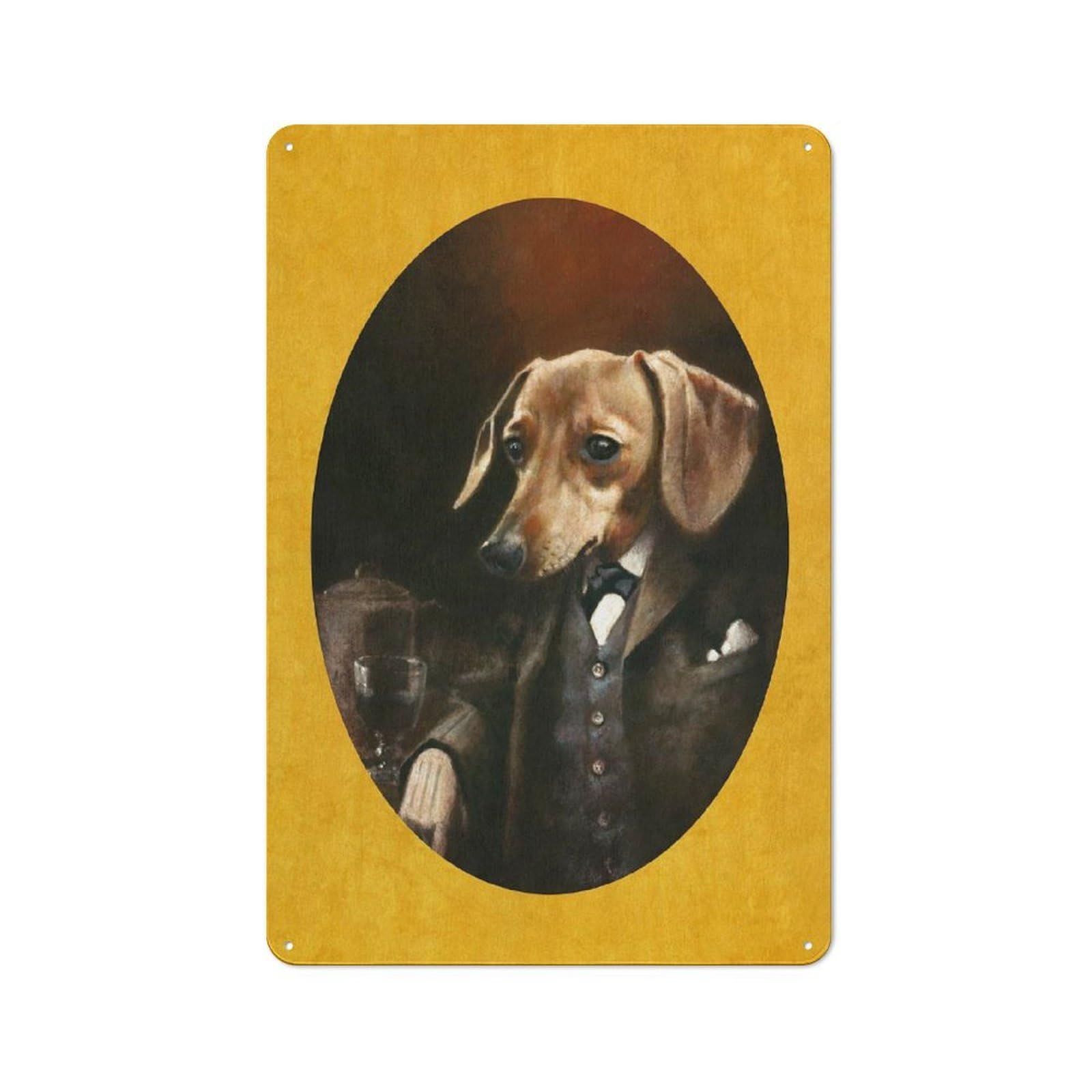 Junmoney Dachshund Gentleman On Gold Workshop Style Metal Wall Decor 30X20cm, Tin Sign For Tool Room, Garage, Studio Or Home Bar