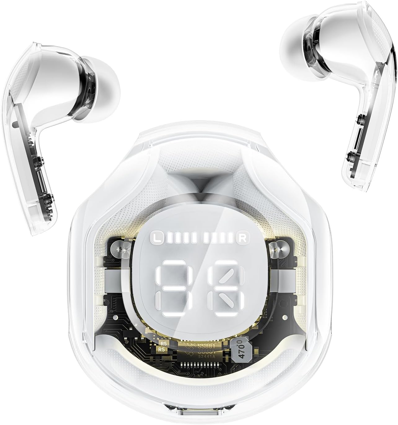 Clear Beat Cuffie Auricolari Wireless Bluetooth 5.3, Design Trasparente, Suono Cristallino, Impermeabili IPX4, Custodia con Ricarica Smartphone, Microfono Integrato, Autonomia 2-3 Ore, USB-C (Bianco)