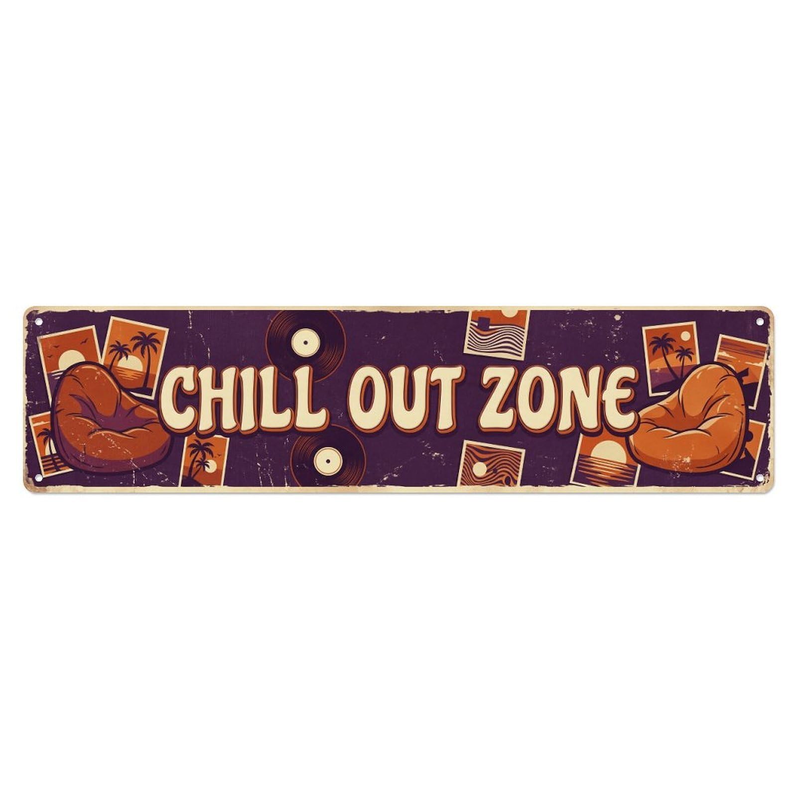 Chill Out Zone Worn Hangout Metal Tin Skinny Sign Plaque Wall Decor for Cafe, Club Bar, Office, Home Garden Metal Poster 4x16Inch
