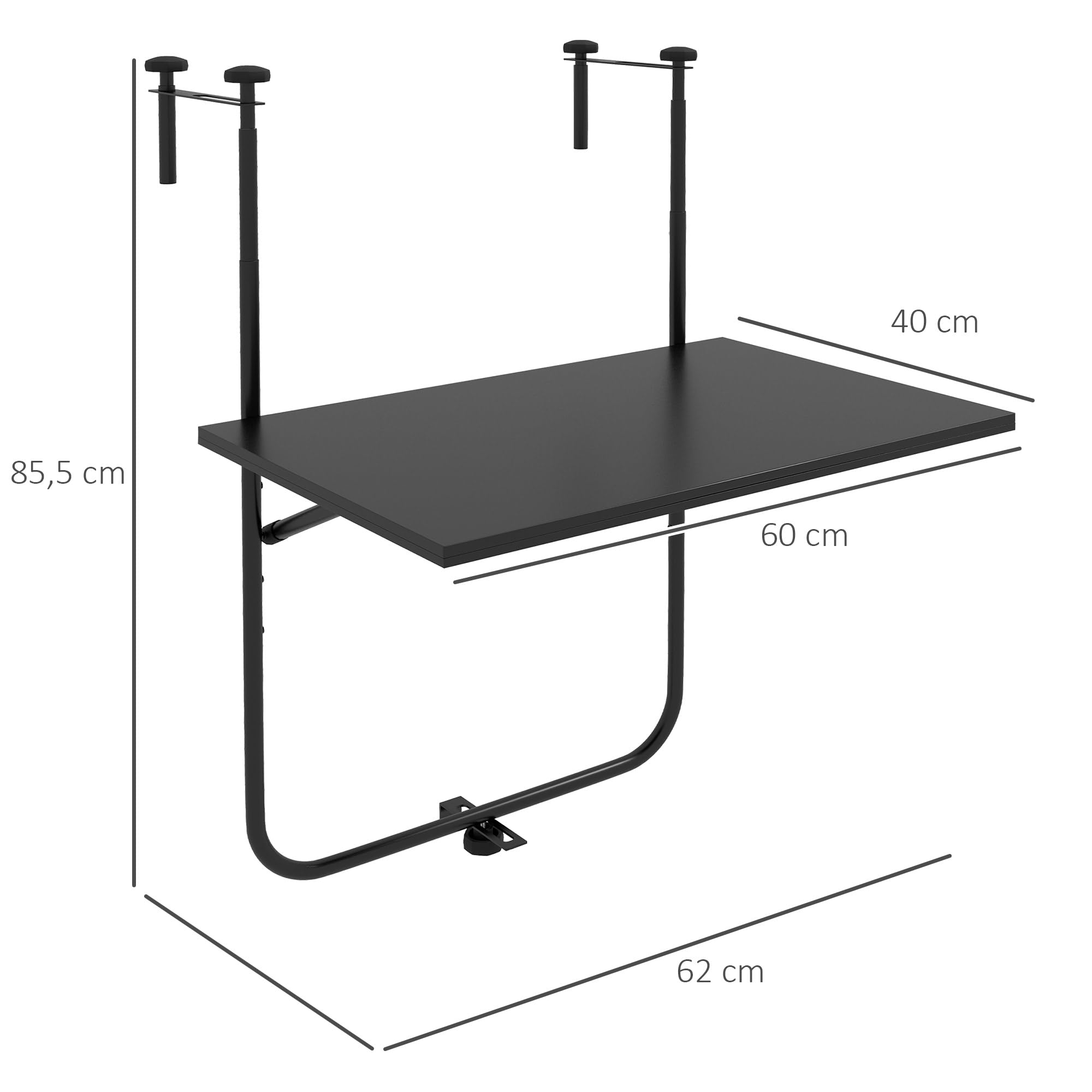 Outsunny Table de Balcon Suspendue Plateau rectangulaire et Hauteur réglable Cadre en métal, dim. 62L x 60P x 85,5H cm Noir
