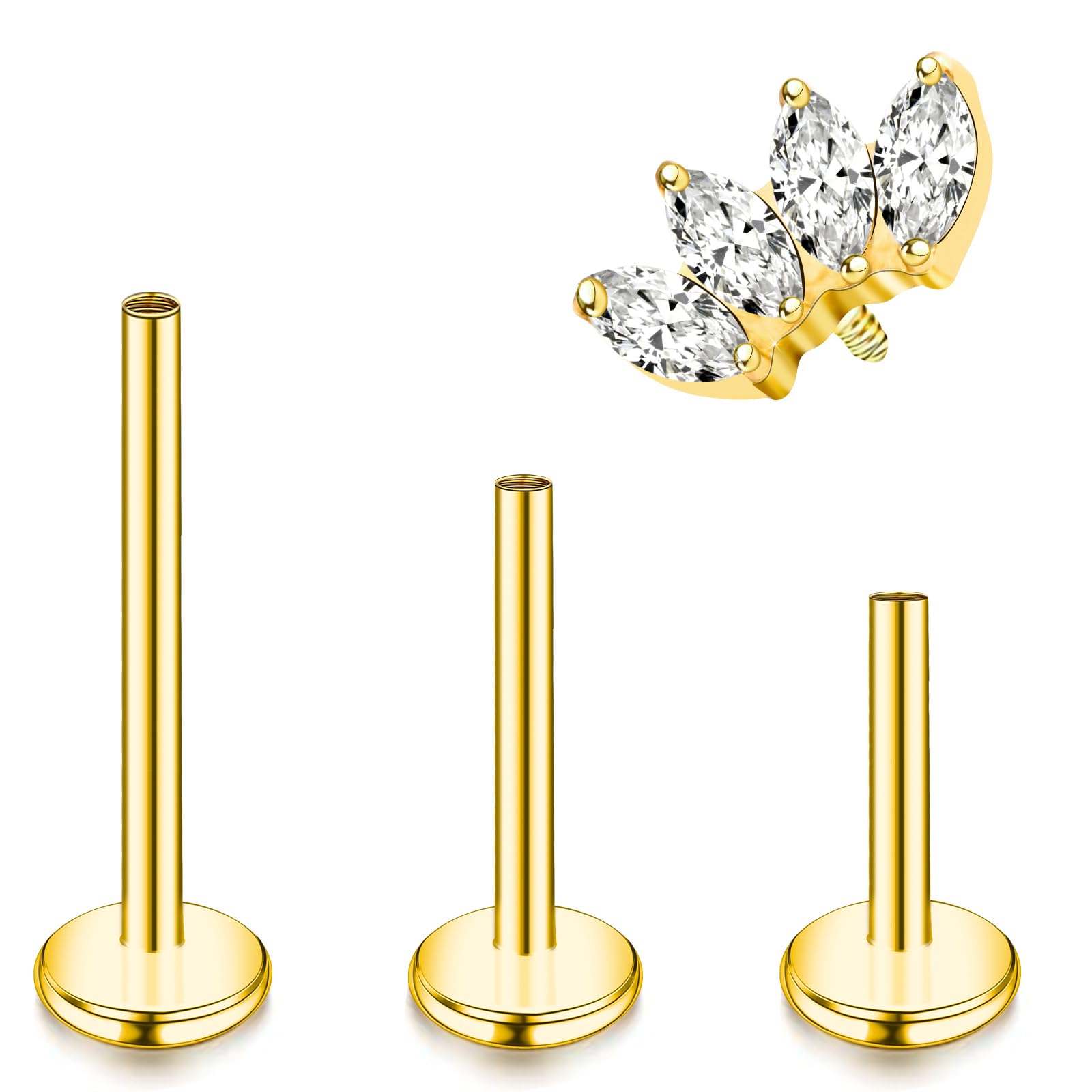 16G Internally Threaded Flat Back Earrings G23 Titanium Gold Tragus Piercing Jewelry Hypoallergenic CZ Helix Cartilage Conch Nose Stud Tragus Earrings Piercing Jewelry for Women Men 6mm 8mm