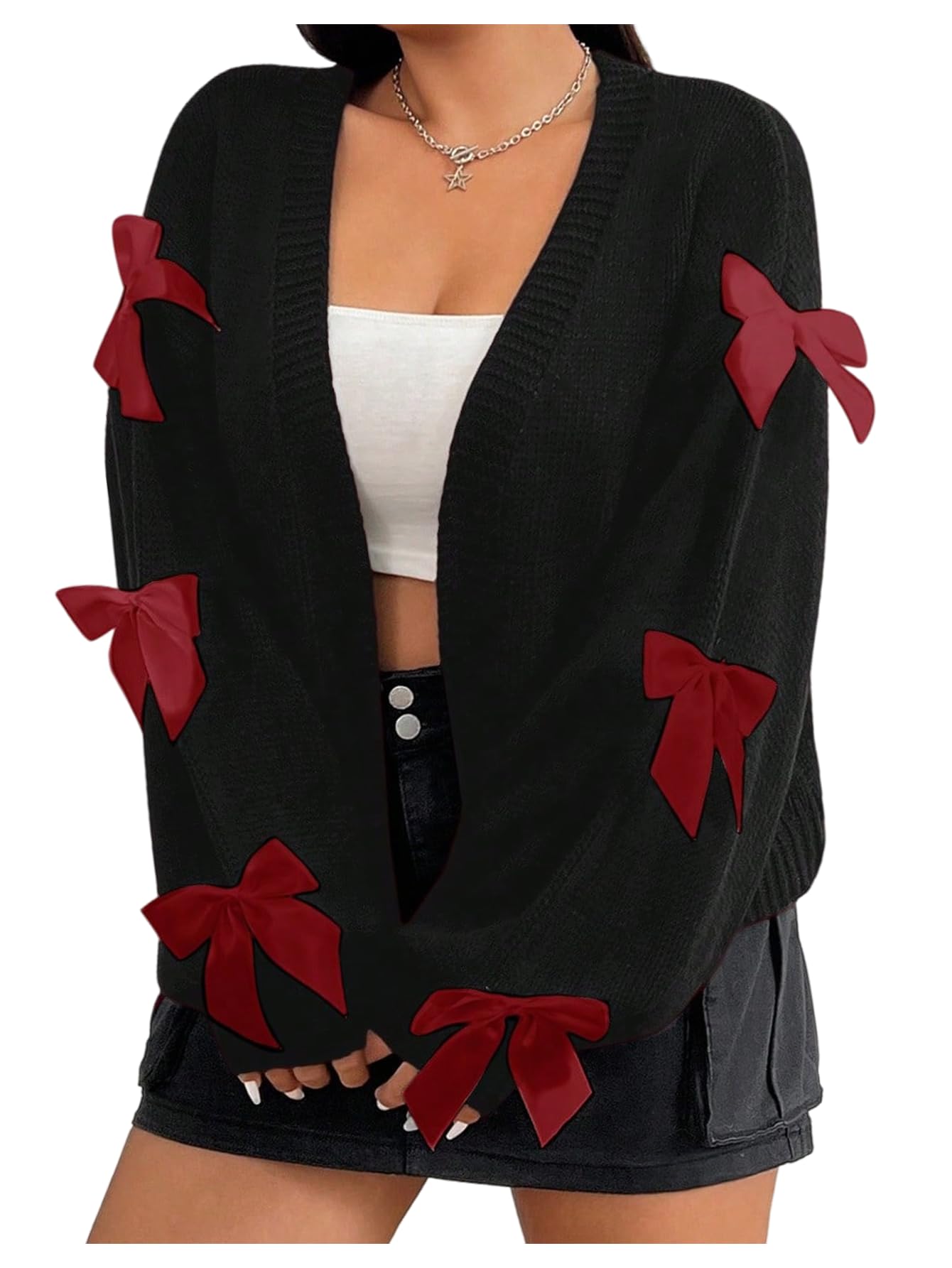Womens Plus Size Bow Cardigan Sweater Open Front Long Sleeve Drop Shoulder Sweaters Knitted Cardigan