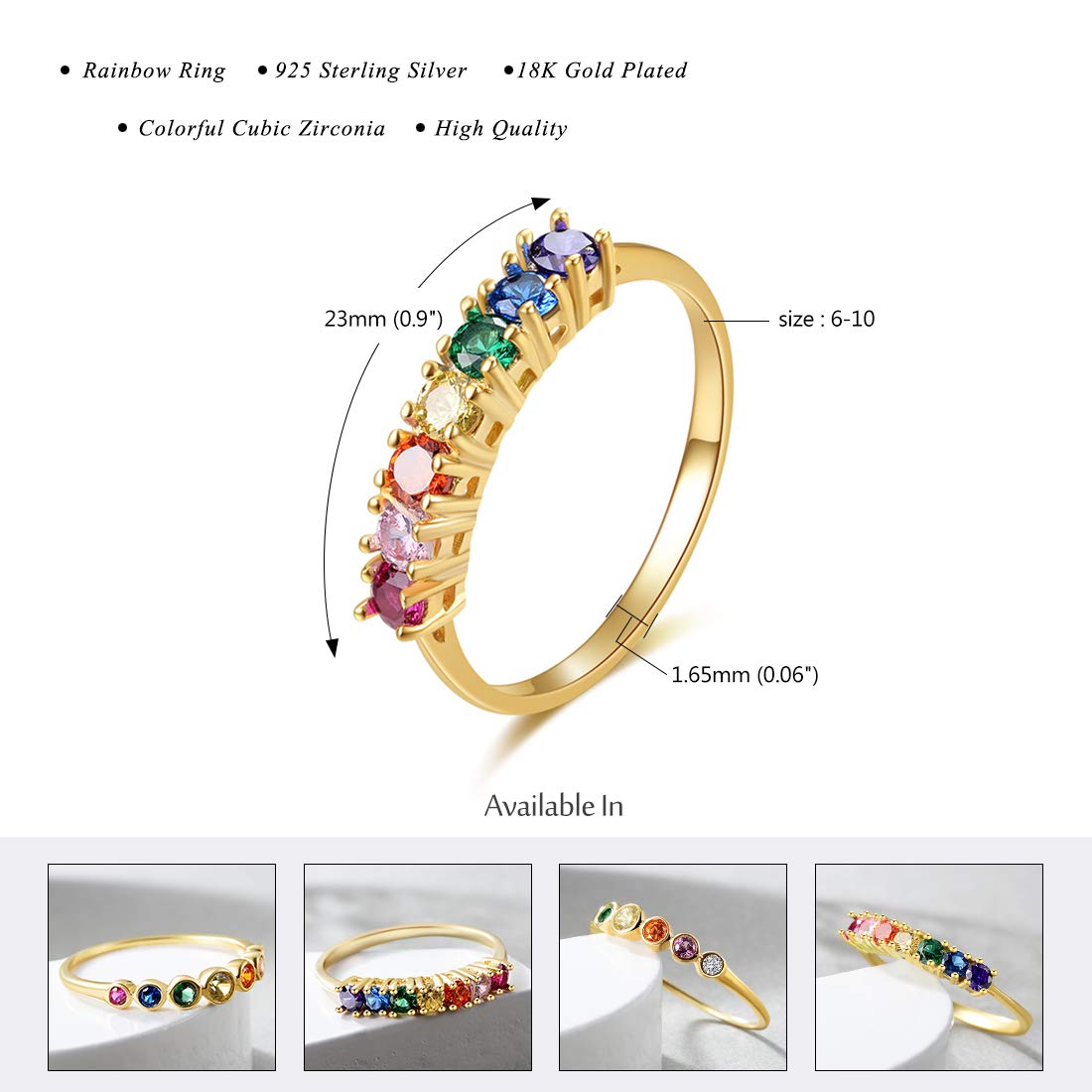 E Jewelry Anillo de eternidad de aniversario de arcoíris para mujer, anillos de boda, plata de ley 925, anillos de circonita AAA chapado en oro de 14k 59(19,0)